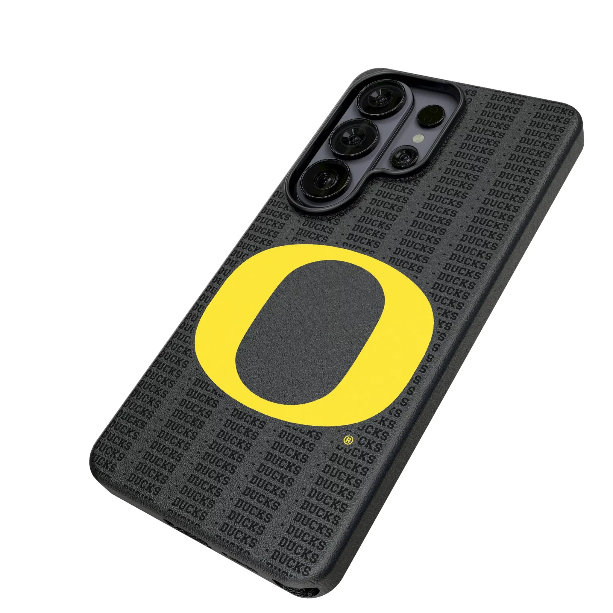 University of Oregon Ducks Text Backdrop Galaxy MagSafe Compatible Phone Case for Samsung Galaxy - Isometric View#Device_Galaxy S26 Ultra