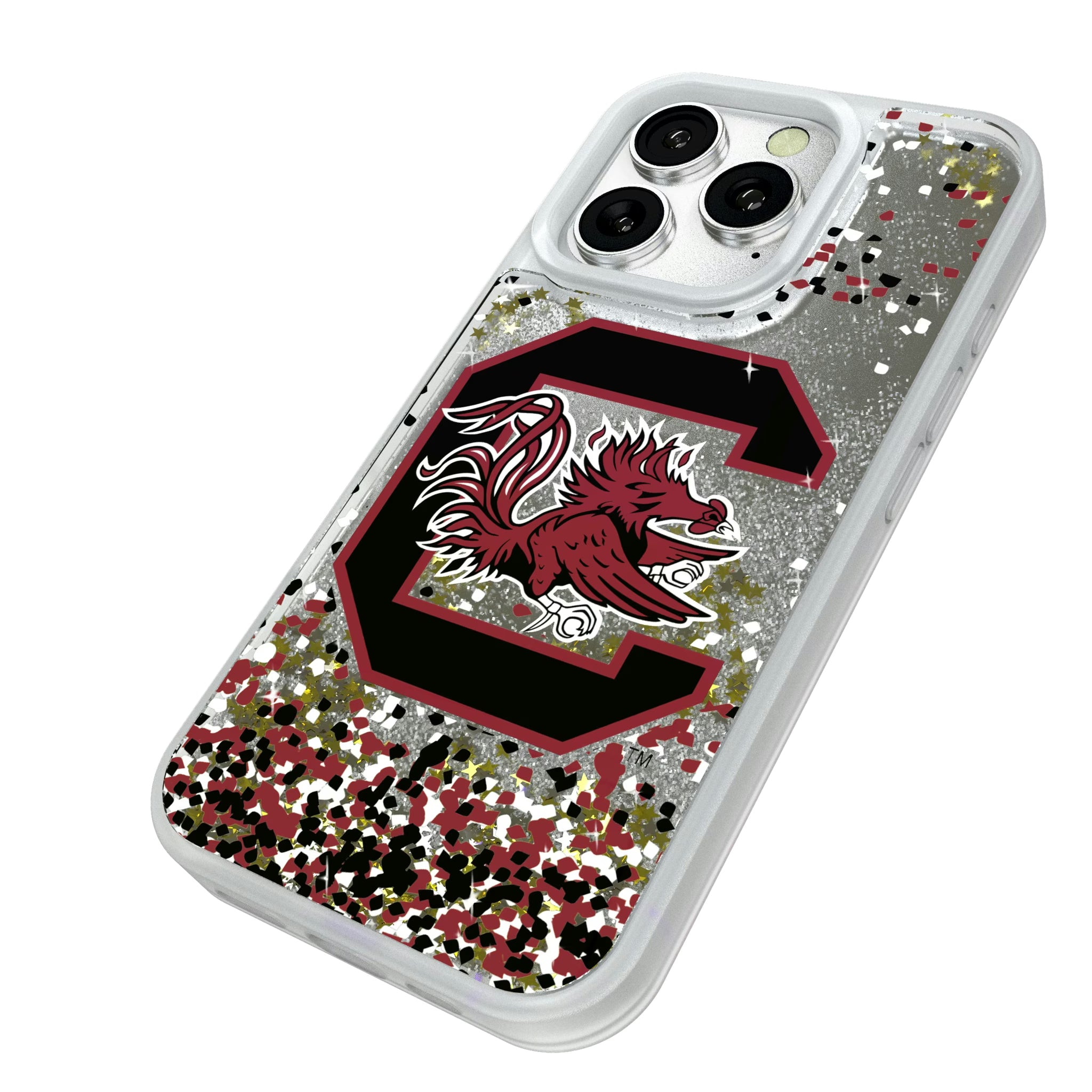 University of South Carolina Gamecocks Confetti iPhone Glitter Phone Case for Apple iPhone - Isometric View#Device_iPhone 16 Pro