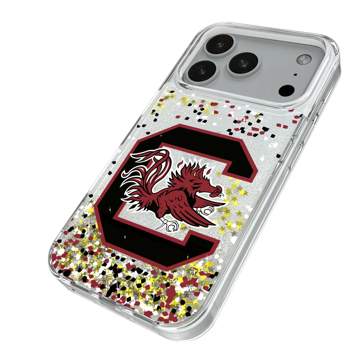 University of South Carolina Gamecocks Confetti iPhone Glitter Phone Case for Apple iPhone - Isometric View#Device_iPhone 18 Pro