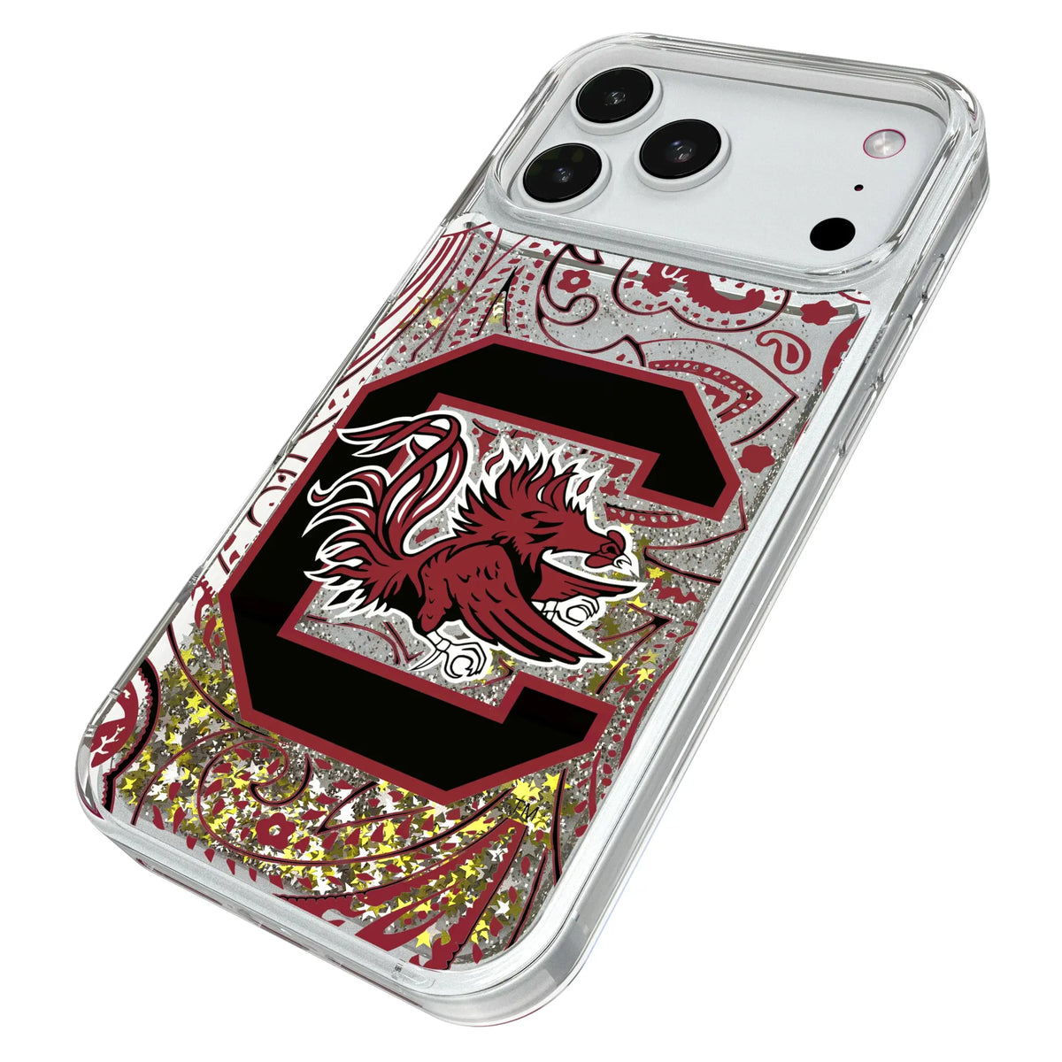 University of South Carolina Gamecocks Paisley iPhone Glitter Phone Case for Apple iPhone - Isometric View#Device_iPhone 18 Pro Max