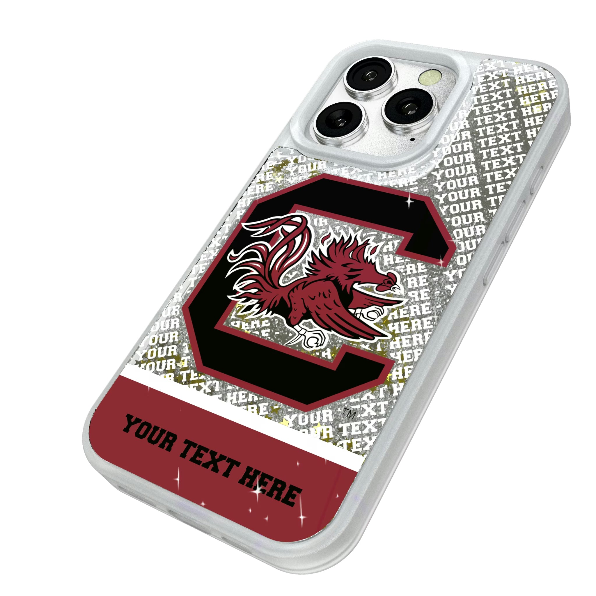 University of South Carolina Gamecocks Personalized EndZone Plus iPhone Glitter Phone Case for Apple iPhone - Isometric View#Device_iPhone 16 Pro