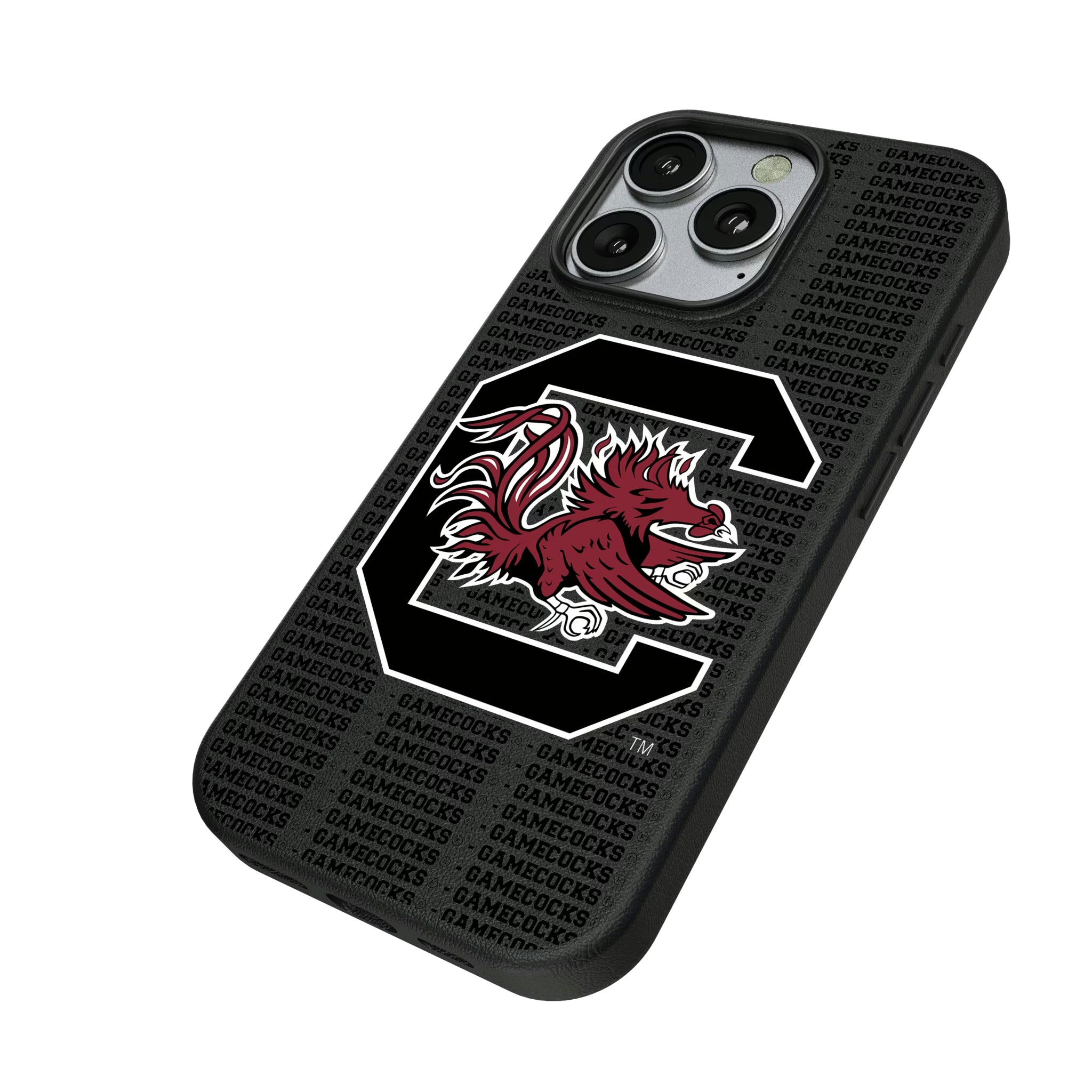 University of South Carolina Gamecocks Text Backdrop iPhone MagSafe Compatible Phone Case for Apple iPhone - Isometric View