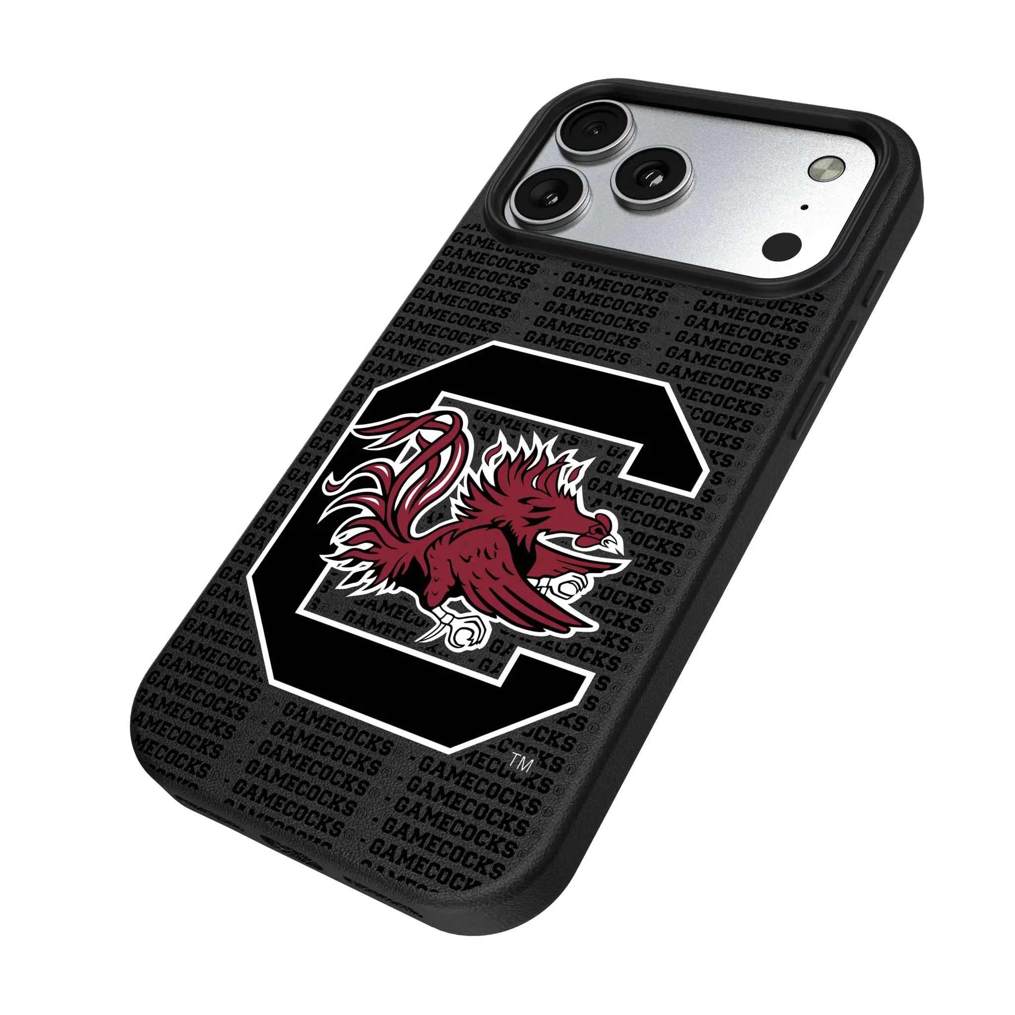 University of South Carolina Gamecocks Text Backdrop iPhone MagSafe Compatible Phone Case for Apple iPhone - Isometric View#Device_iPhone 17 Pro Max