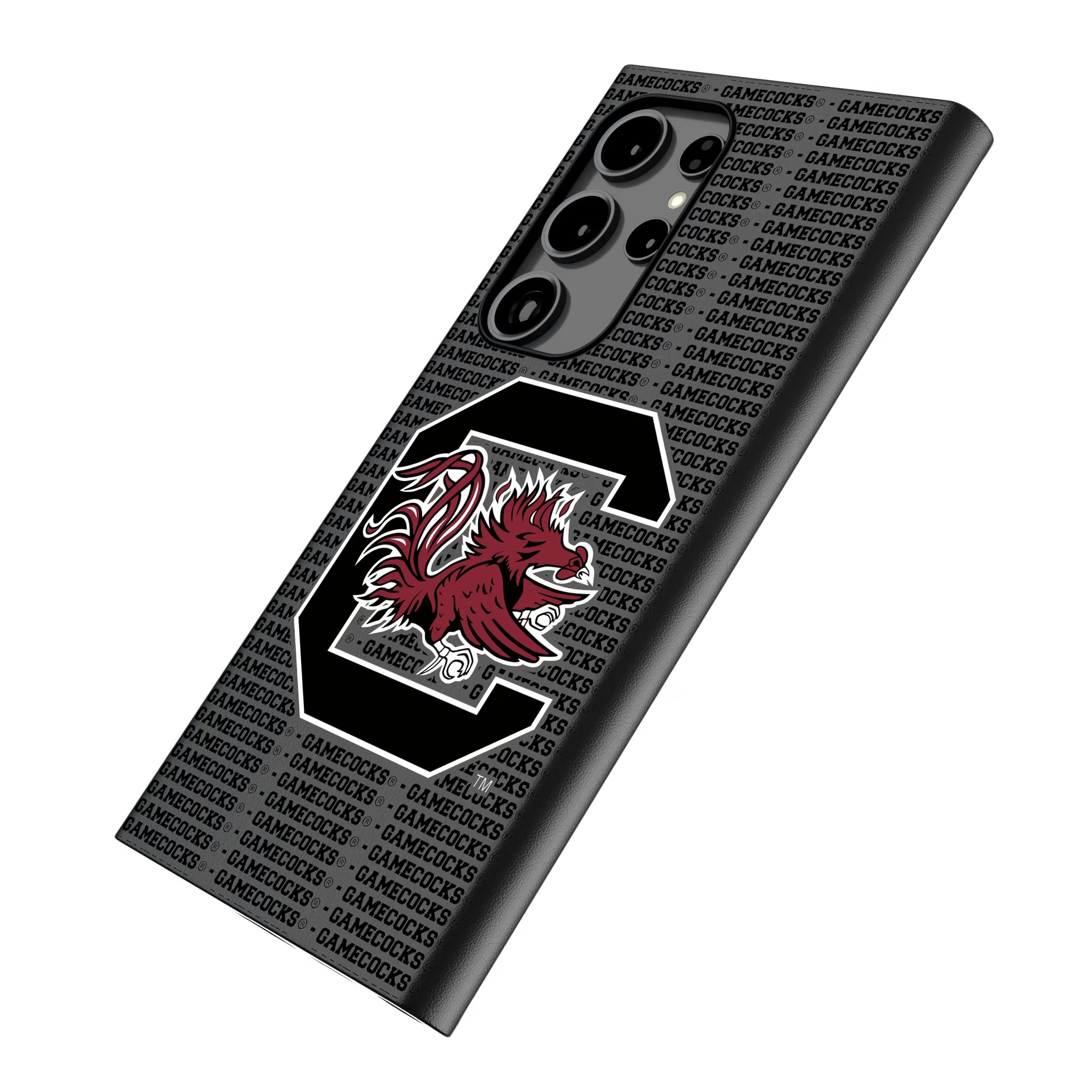 University of South Carolina Gamecocks Text Backdrop Galaxy MagSafe Compatible Phone Case for Samsung Galaxy - Isometric View