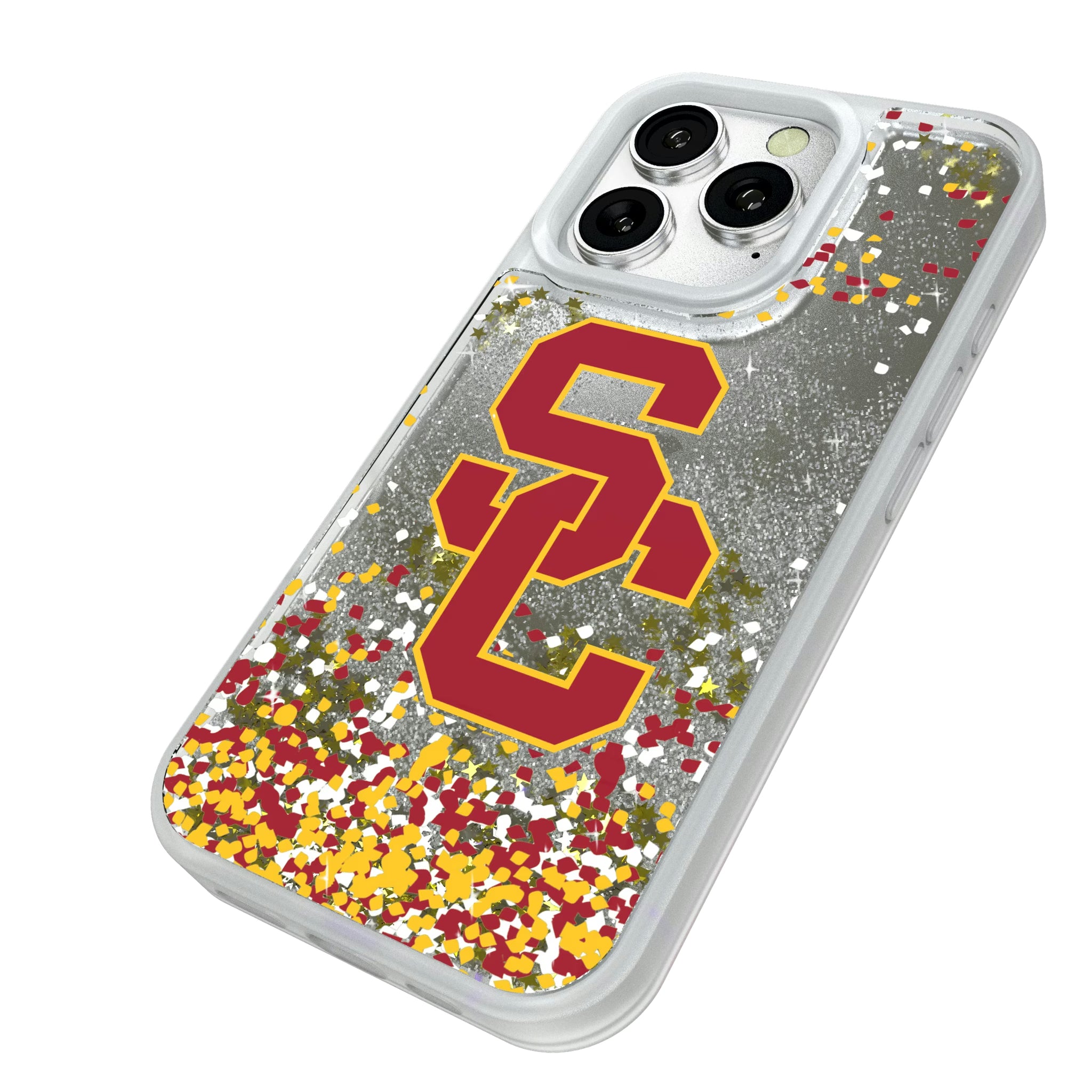 University of Southern California Trojans Confetti iPhone Glitter Phone Case for Apple iPhone - Isometric View#Device_iPhone 16 Pro