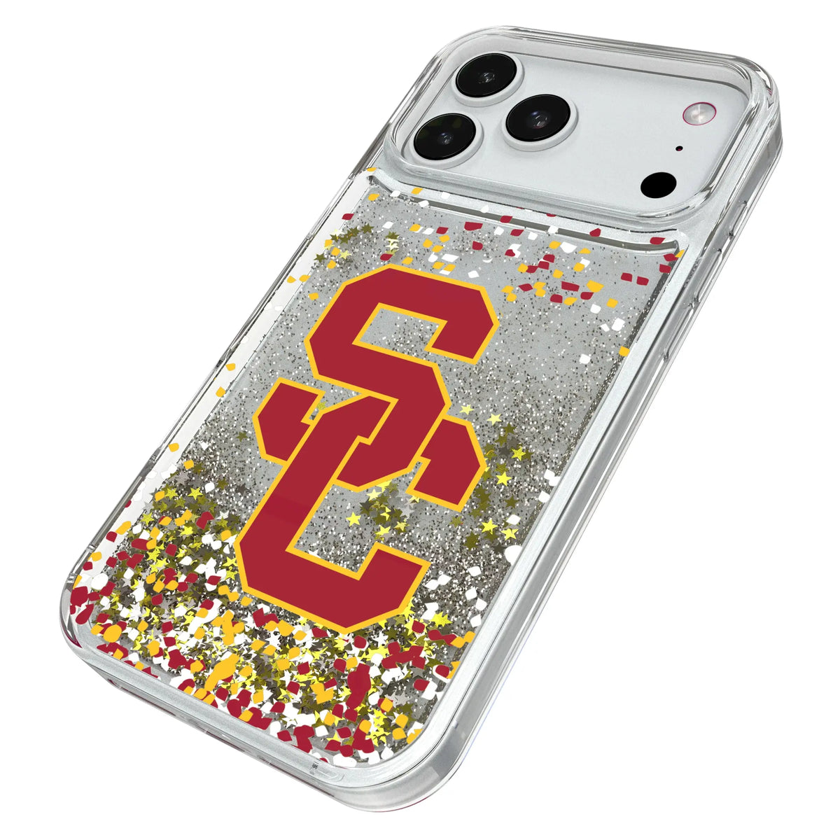 University of Southern California Trojans Confetti iPhone Glitter Phone Case for Apple iPhone - Isometric View#Device_iPhone 18 Pro Max