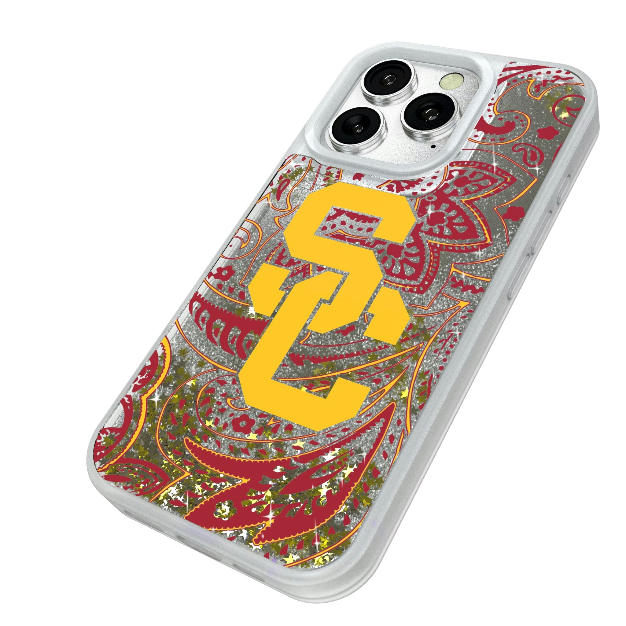 University of Southern California Trojans Paisley iPhone Glitter Phone Case for Apple iPhone - Isometric View#Device_iPhone 16 Pro