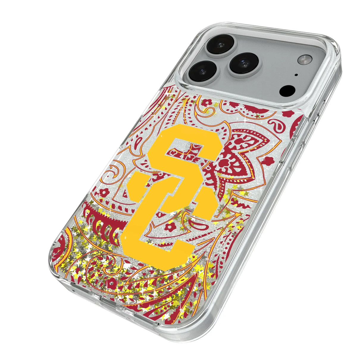 University of Southern California Trojans Paisley iPhone Glitter Phone Case for Apple iPhone - Isometric View#Device_iPhone 18 Pro