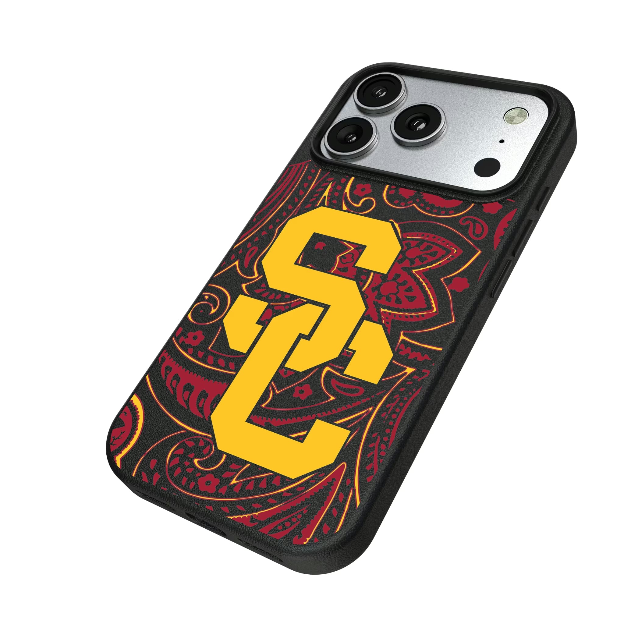 University of Southern California Trojans Paisley iPhone MagSafe Compatible Phone Case for Apple iPhone - Isometric View#Device_iPhone 17 Pro