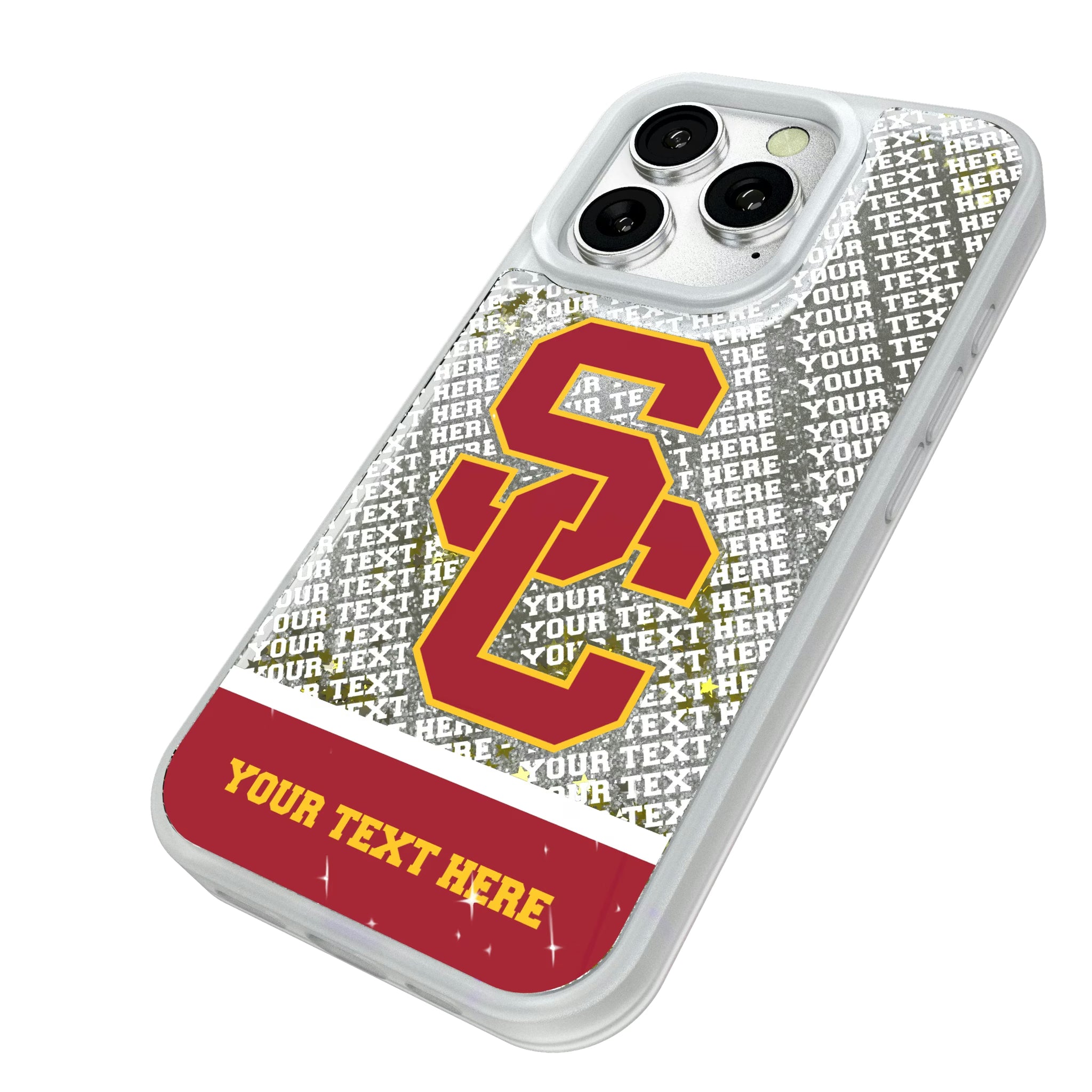 University of Southern California Trojans Personalized EndZone Plus iPhone Glitter Phone Case for Apple iPhone - Isometric View#Device_iPhone 16 Pro