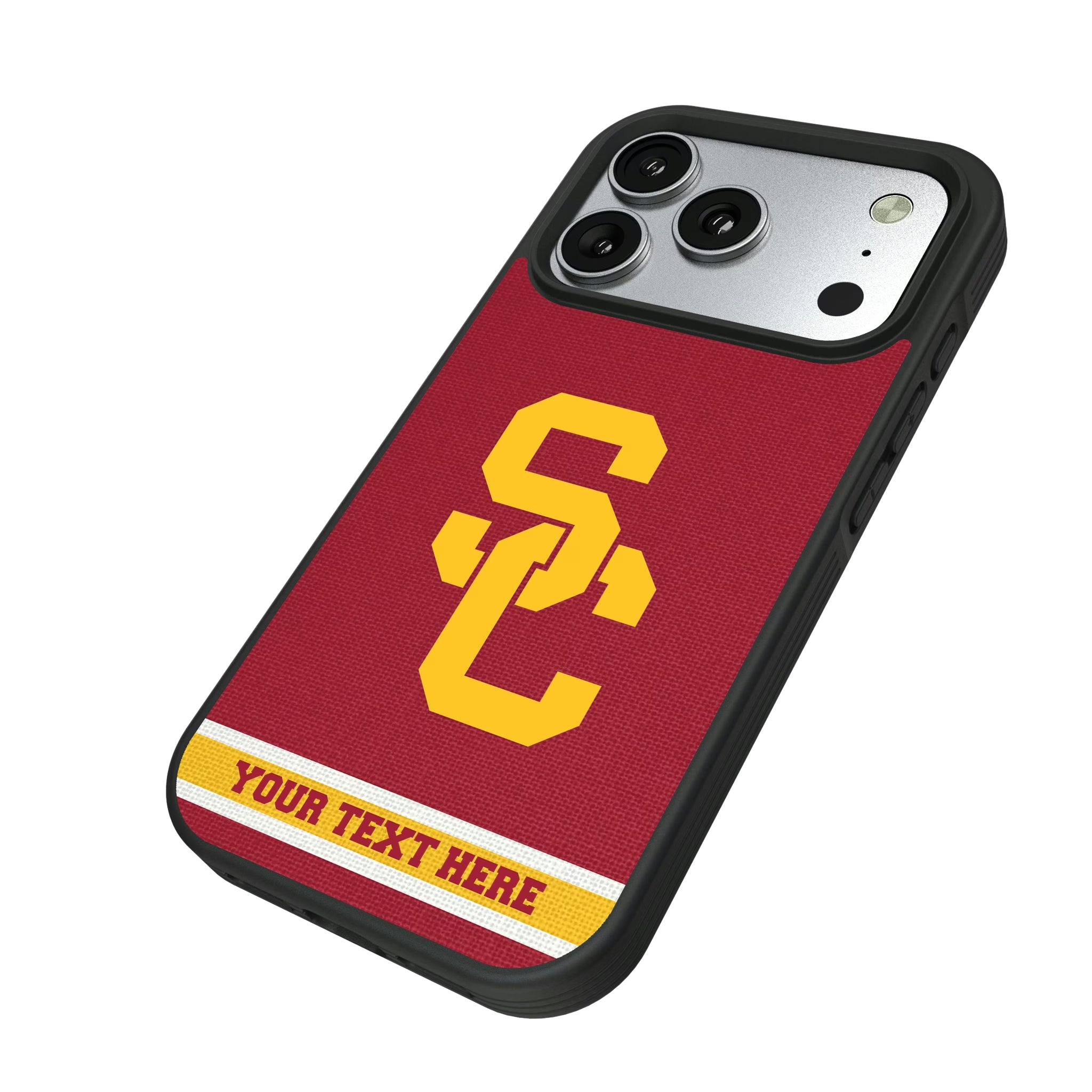 University of Southern California Trojans Personalized Stripe iPhone Bump Phone Case for Apple iPhone - Isometric View#Device_iPhone 17 Pro