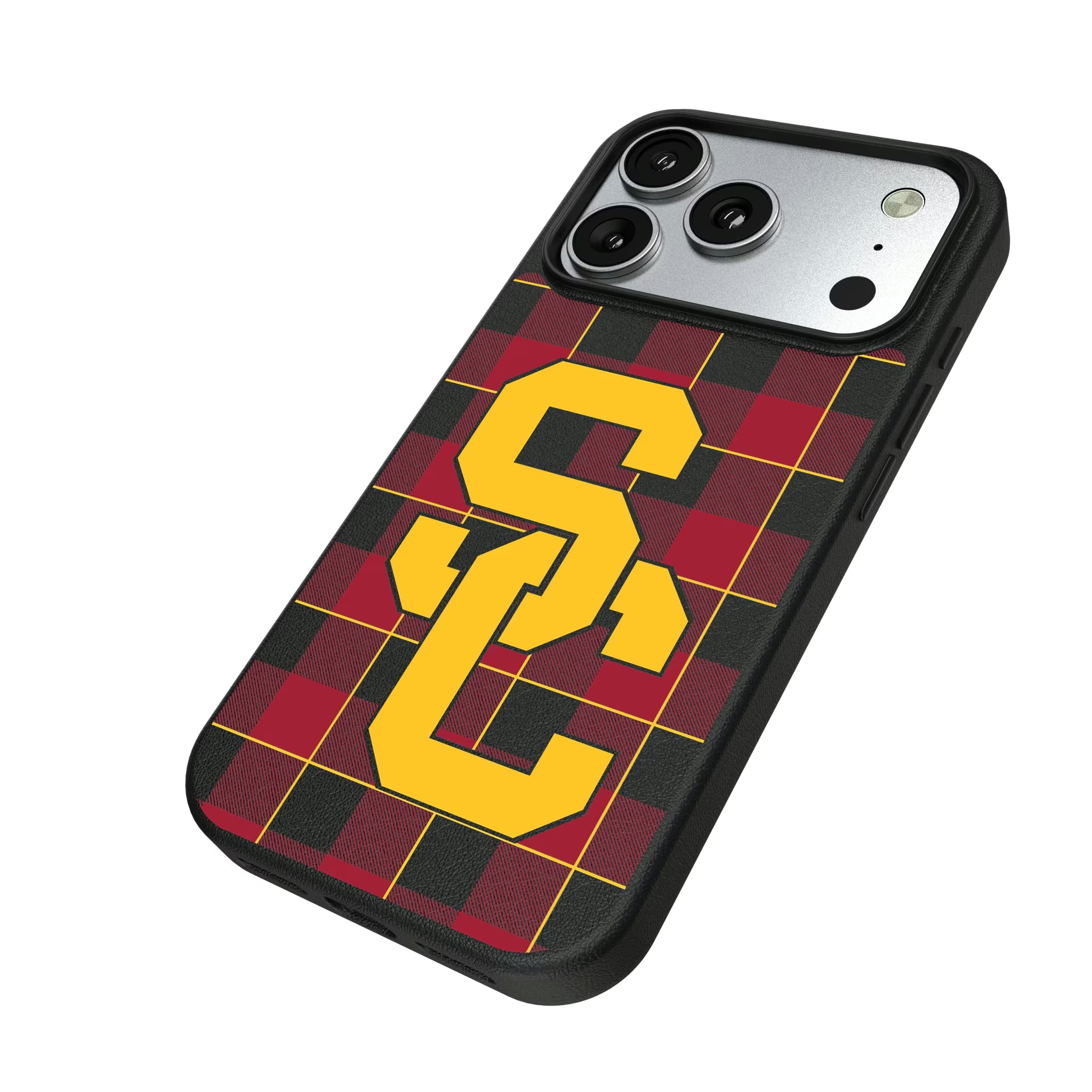 University of Southern California Trojans Plaid iPhone MagSafe Compatible Phone Case for Apple iPhone - Isometric View#Device_iPhone 17 Pro