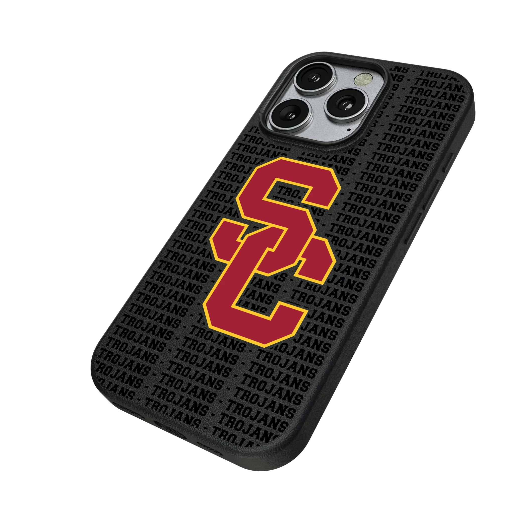 University of Southern California Trojans Text Backdrop iPhone MagSafe Compatible Phone Case for Apple iPhone - Isometric View