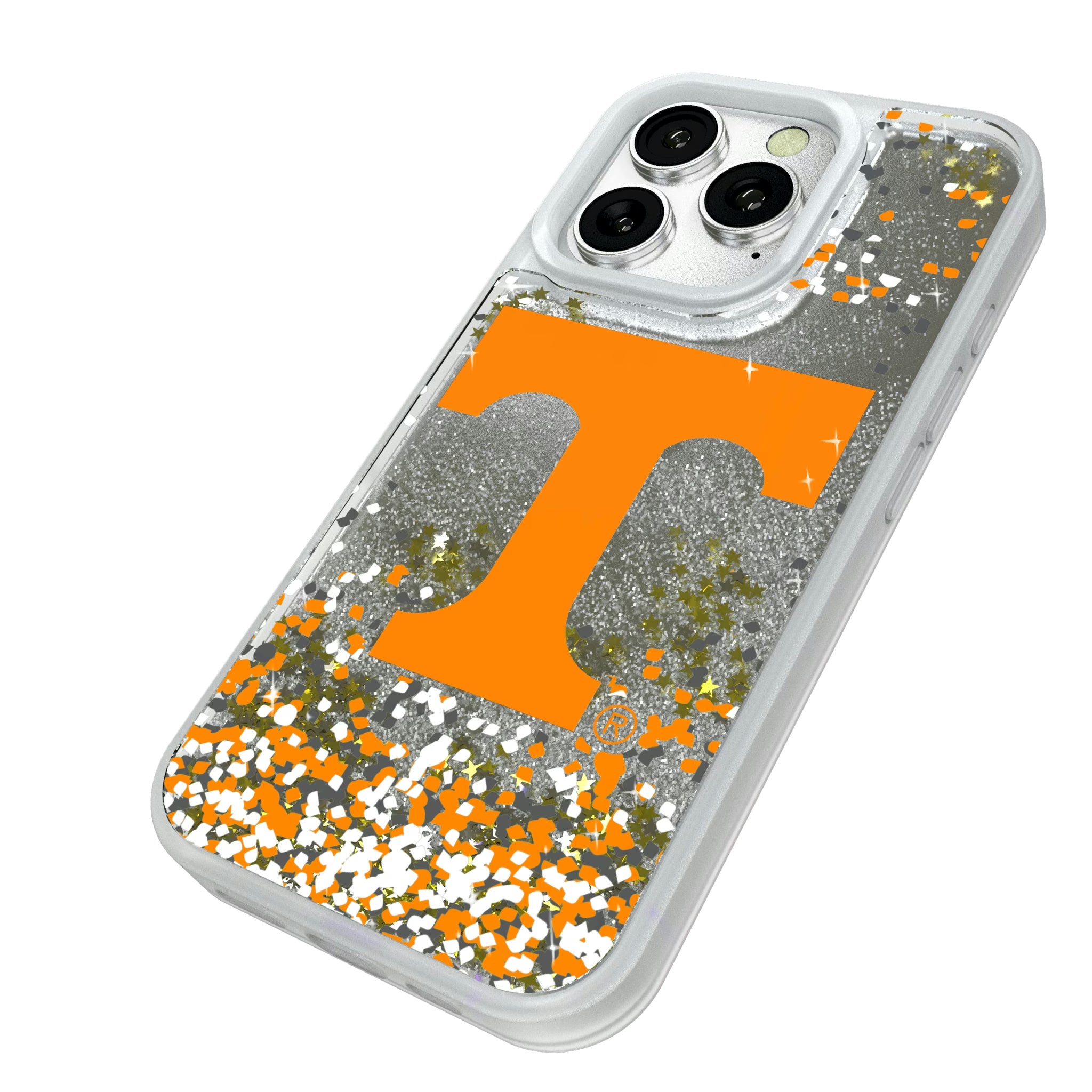 University of Tennessee Volunteers Confetti iPhone Glitter Phone Case for Apple iPhone - Isometric View#Device_iPhone 16 Pro