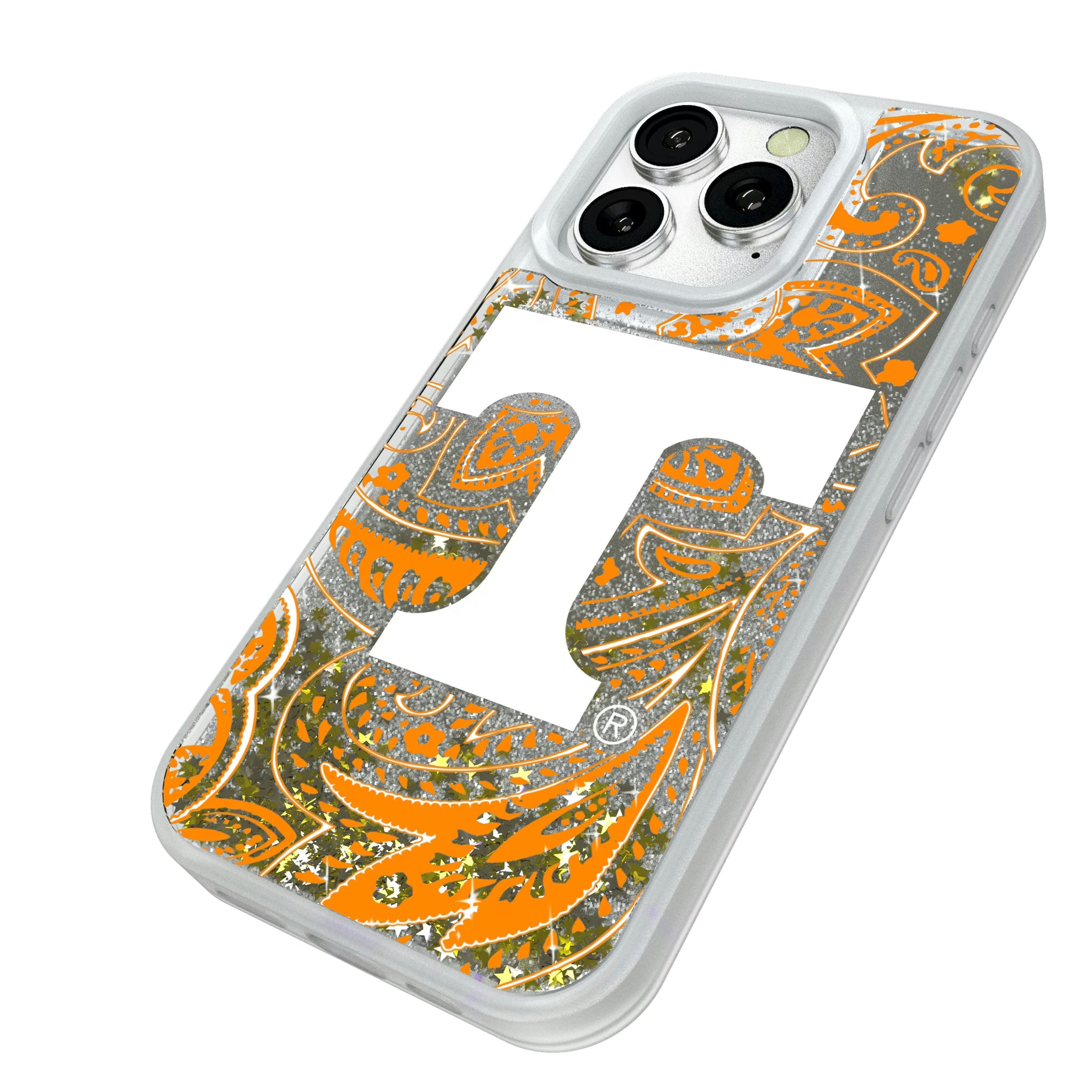 University of Tennessee Volunteers Paisley iPhone Glitter Phone Case for Apple iPhone - Isometric View#Device_iPhone 16 Pro