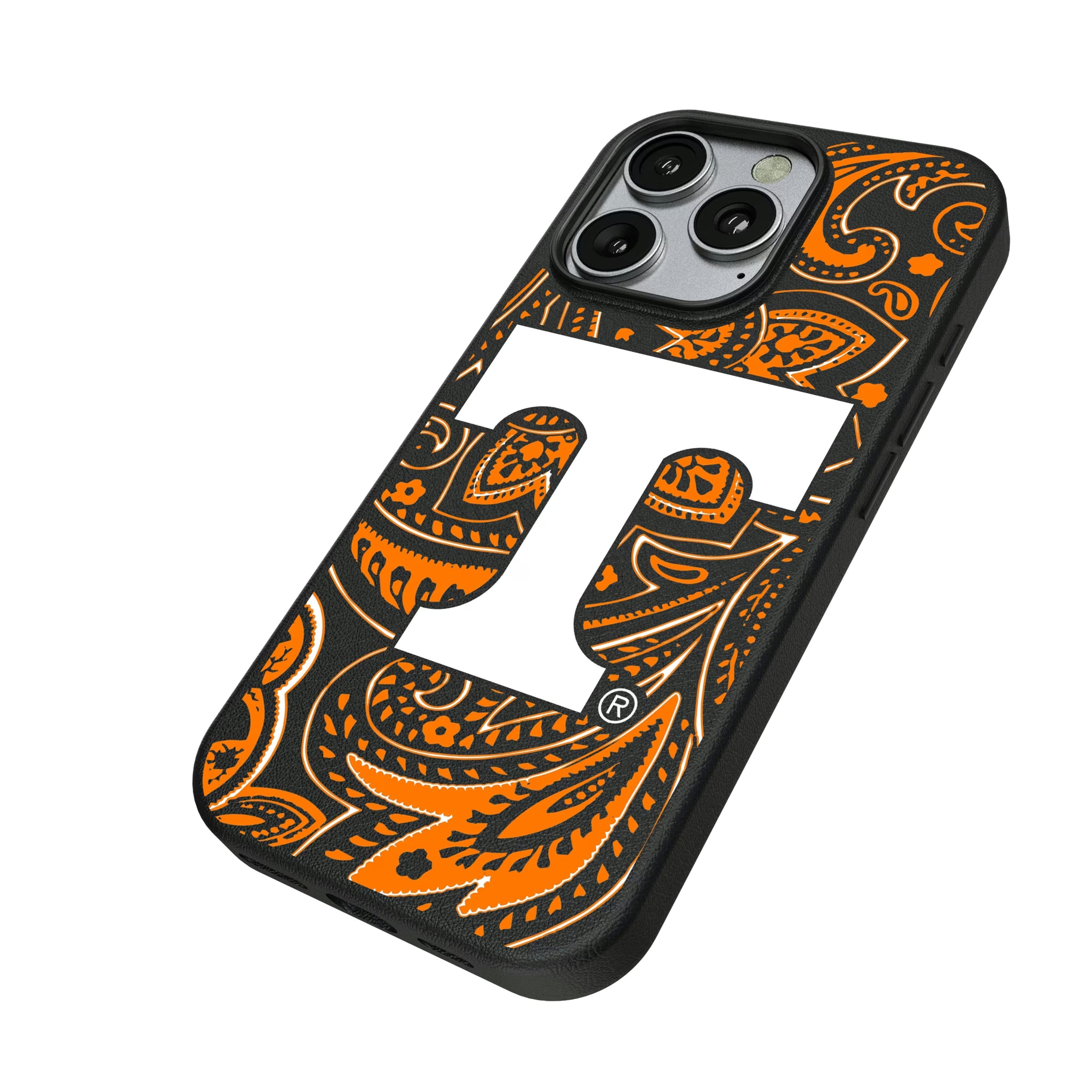 University of Tennessee Volunteers Paisley iPhone MagSafe Compatible Phone Case for Apple iPhone - Isometric View
