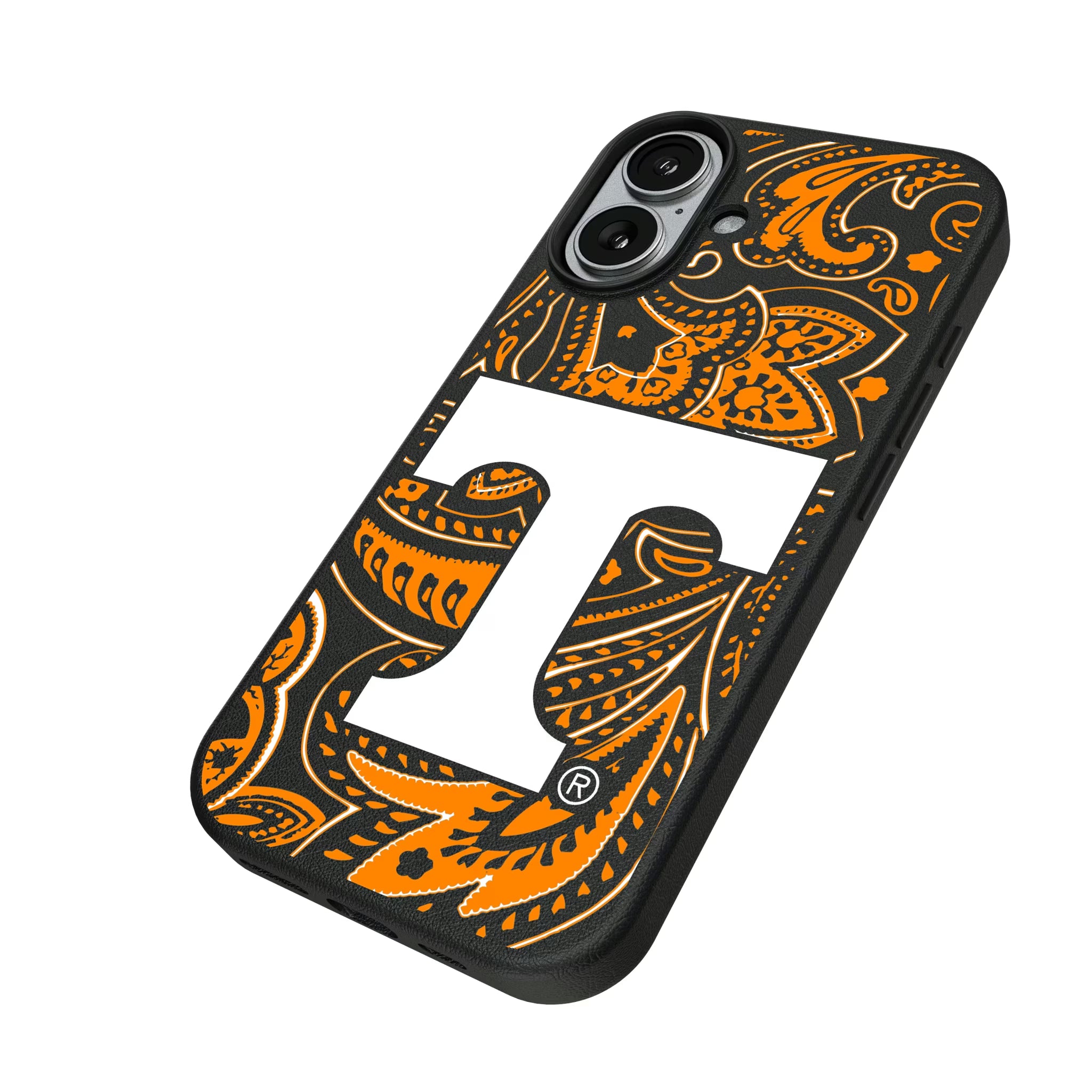 University of Tennessee Volunteers Paisley iPhone MagSafe Compatible Phone Case for Apple iPhone - Isometric View#Device_iPhone 17