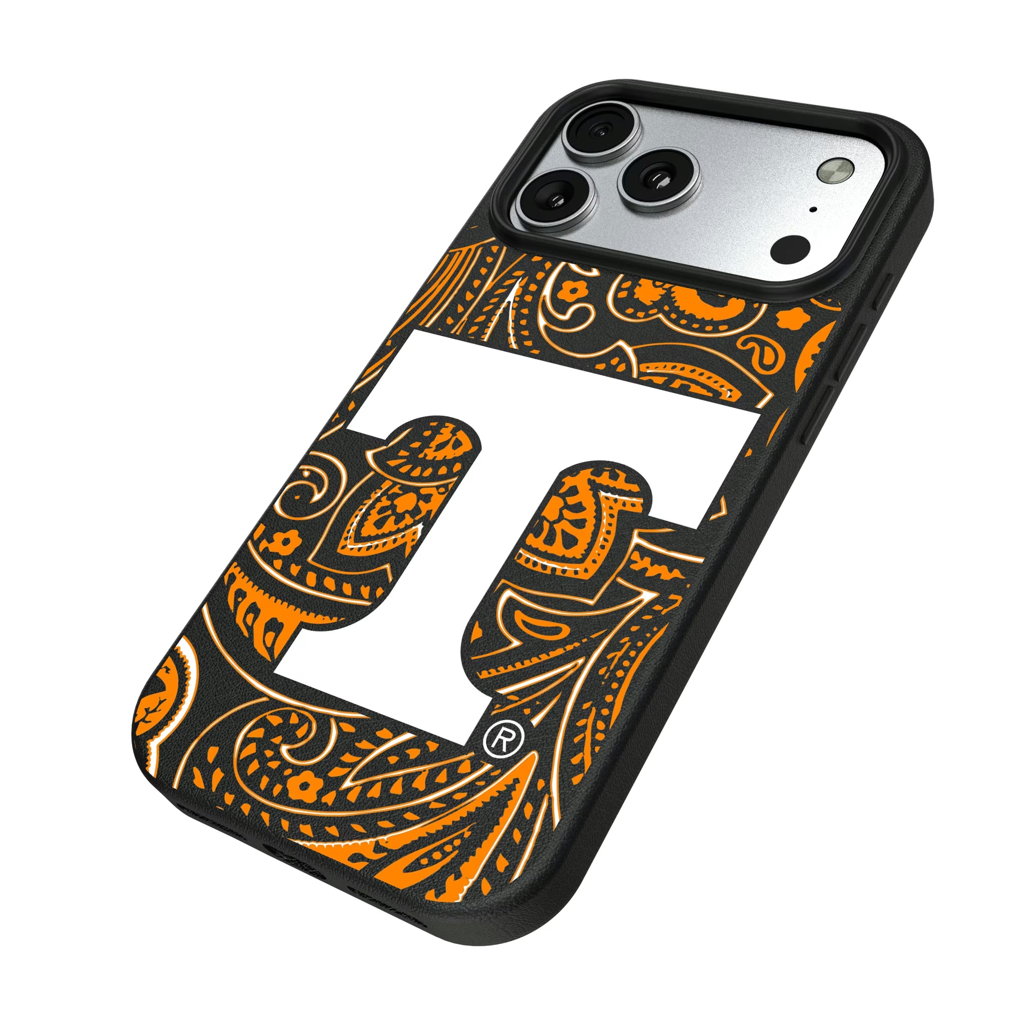 University of Tennessee Volunteers Paisley iPhone MagSafe Compatible Phone Case for Apple iPhone - Isometric View#Device_iPhone 17 Pro Max
