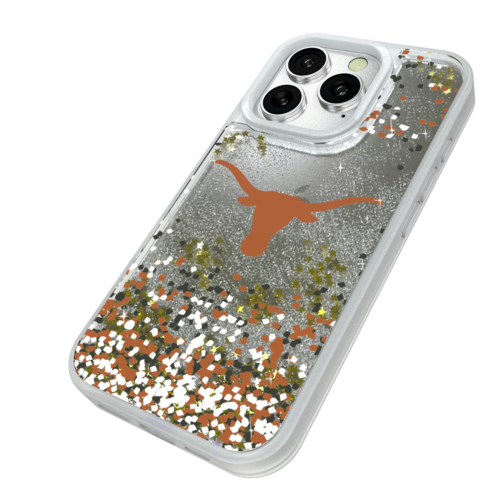University of Texas Longhorns Confetti iPhone Glitter Phone Case for Apple iPhone - Isometric View#Device_iPhone 16 Pro