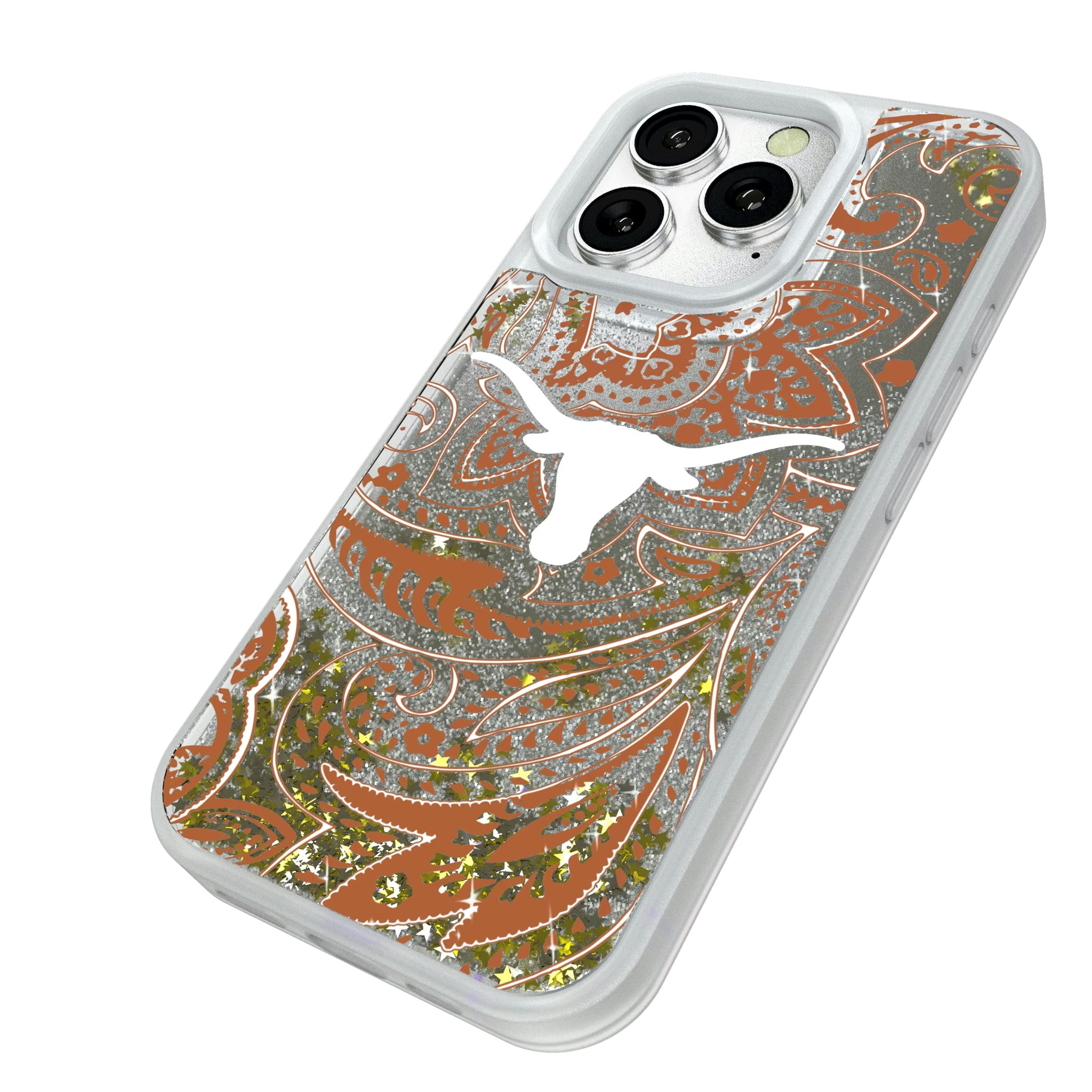 University of Texas Longhorns Paisley iPhone Glitter Phone Case for Apple iPhone - Isometric View#Device_iPhone 16 Pro
