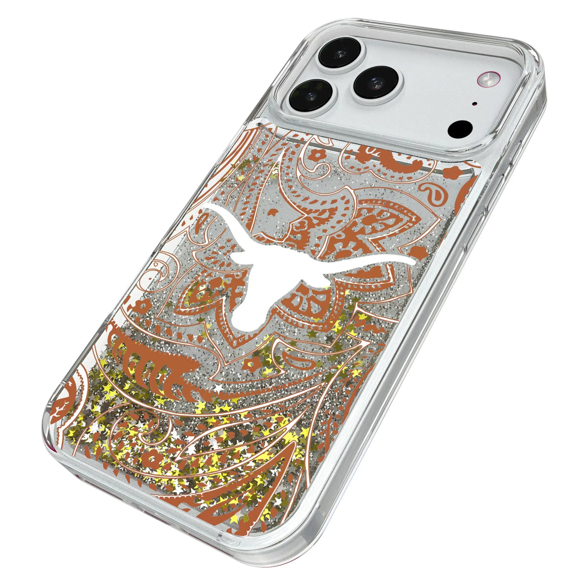 University of Texas Longhorns Paisley iPhone Glitter Phone Case for Apple iPhone - Isometric View#Device_iPhone 18 Pro Max
