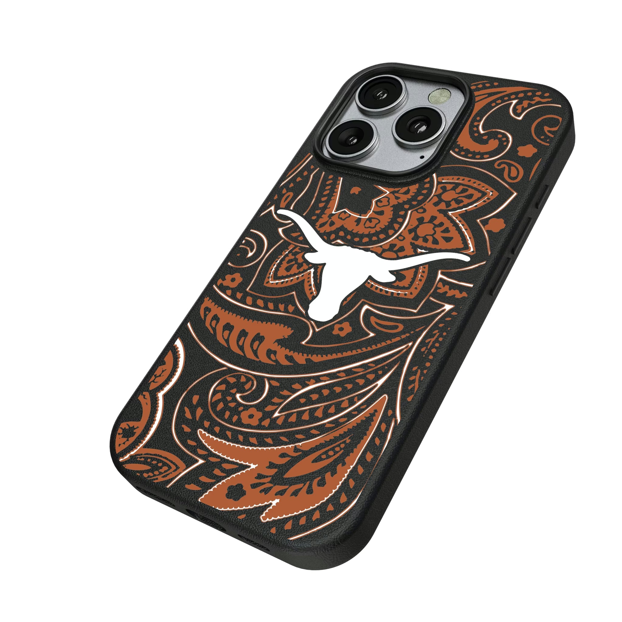 University of Texas Longhorns Paisley iPhone MagSafe Compatible Phone Case for Apple iPhone - Isometric View