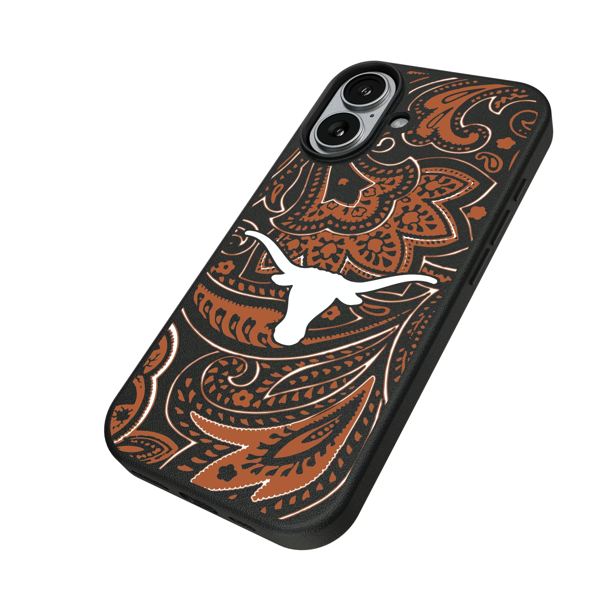 University of Texas Longhorns Paisley iPhone MagSafe Compatible Phone Case for Apple iPhone - Isometric View#Device_iPhone 17