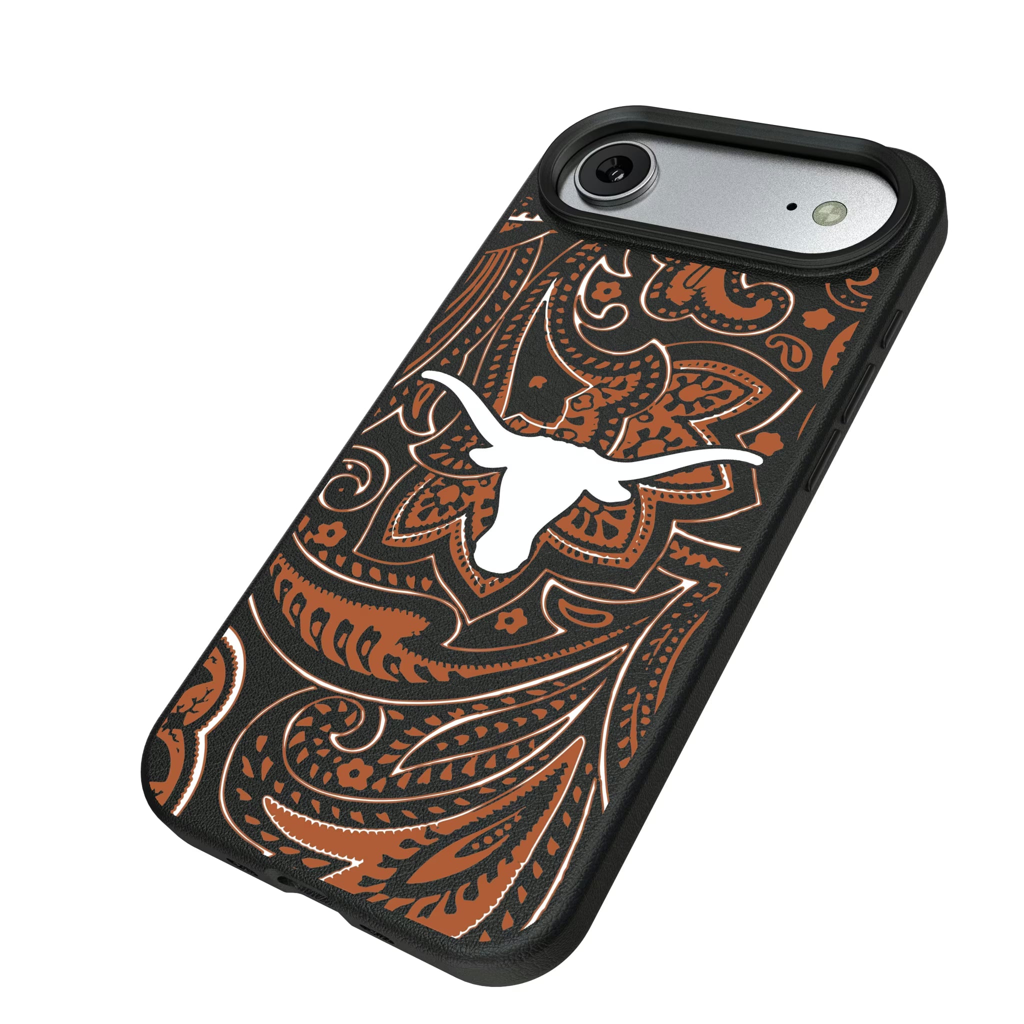 University of Texas Longhorns Paisley iPhone MagSafe Compatible Phone Case for Apple iPhone - Isometric View#Device_iPhone Air