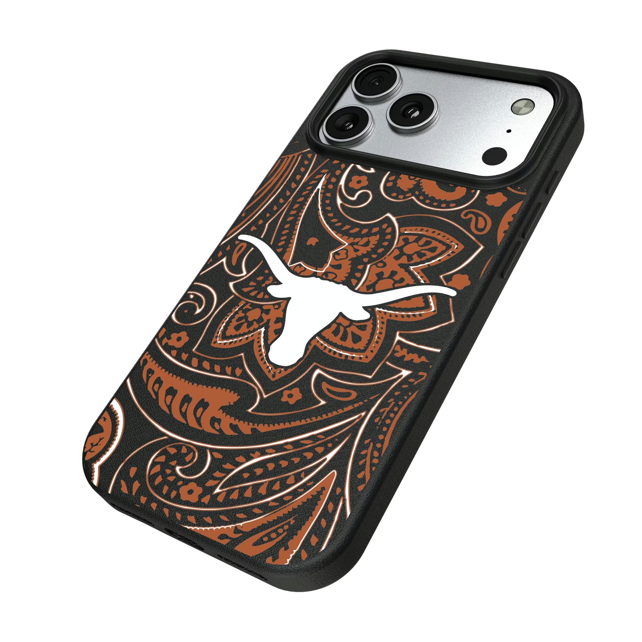 University of Texas Longhorns Paisley iPhone MagSafe Compatible Phone Case for Apple iPhone - Isometric View#Device_iPhone 17 Pro Max