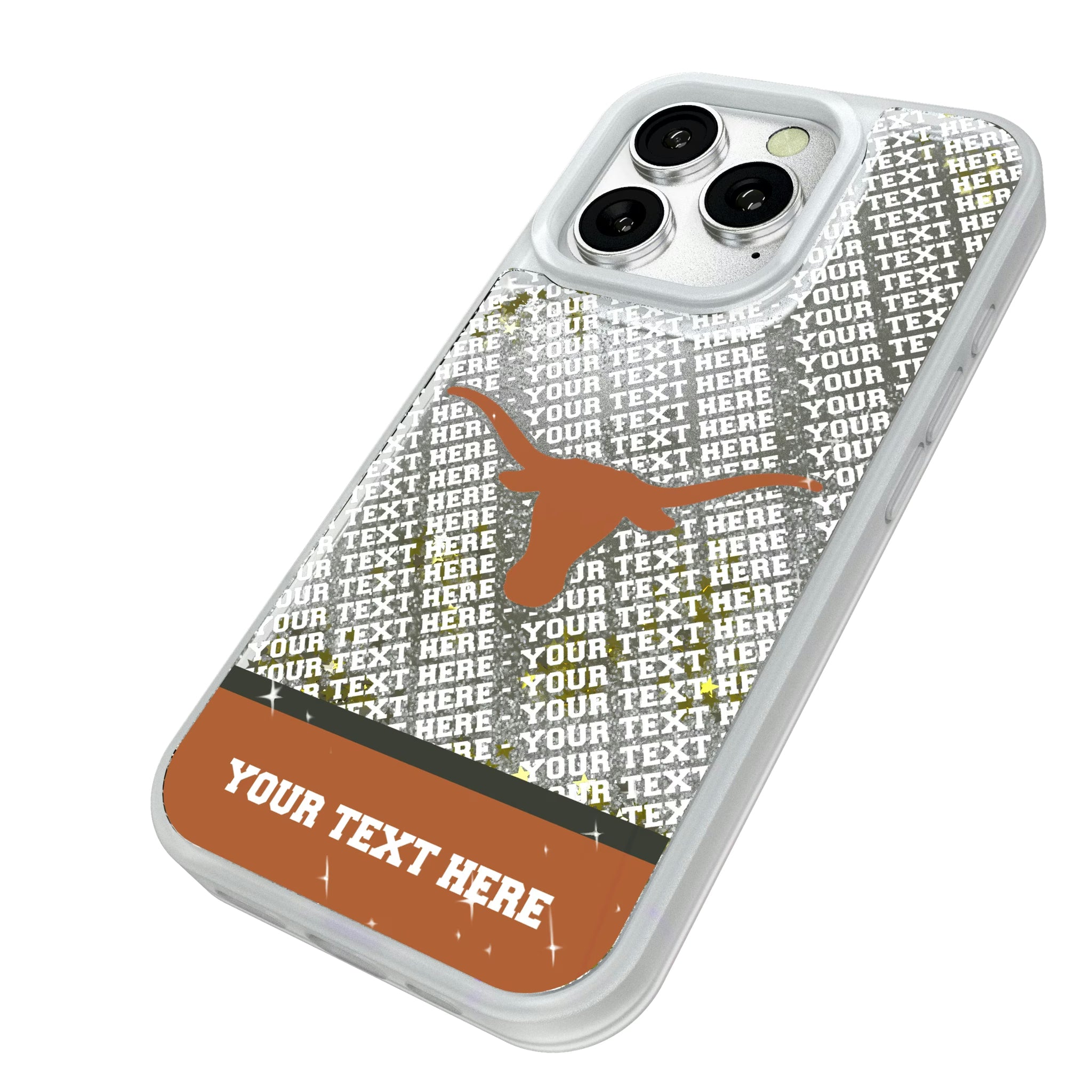 University of Texas Longhorns Personalized EndZone Plus iPhone Glitter Phone Case for Apple iPhone - Isometric View#Device_iPhone 16 Pro