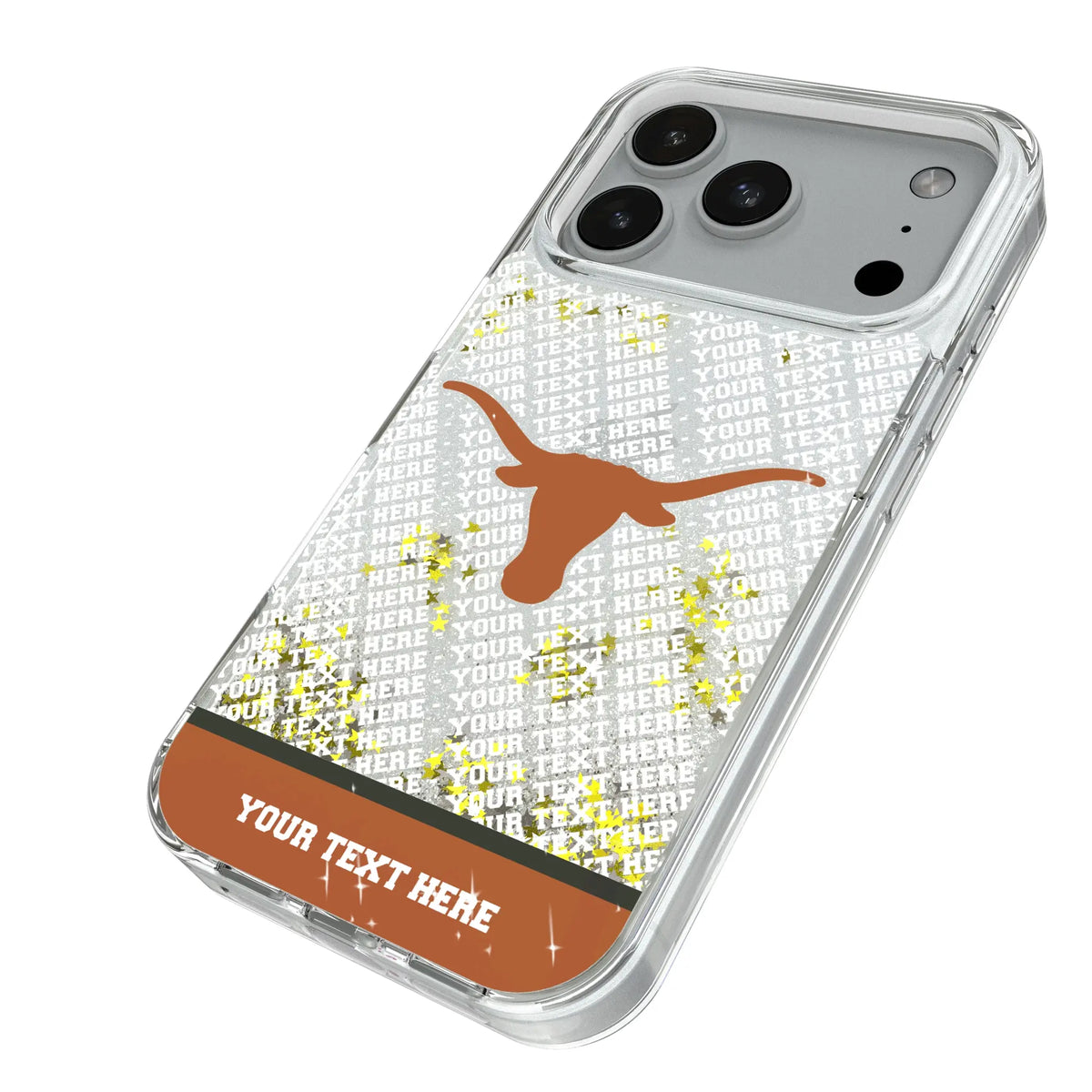 University of Texas Longhorns Personalized EndZone Plus iPhone Glitter Phone Case for Apple iPhone - Isometric View#Device_iPhone 18 Pro