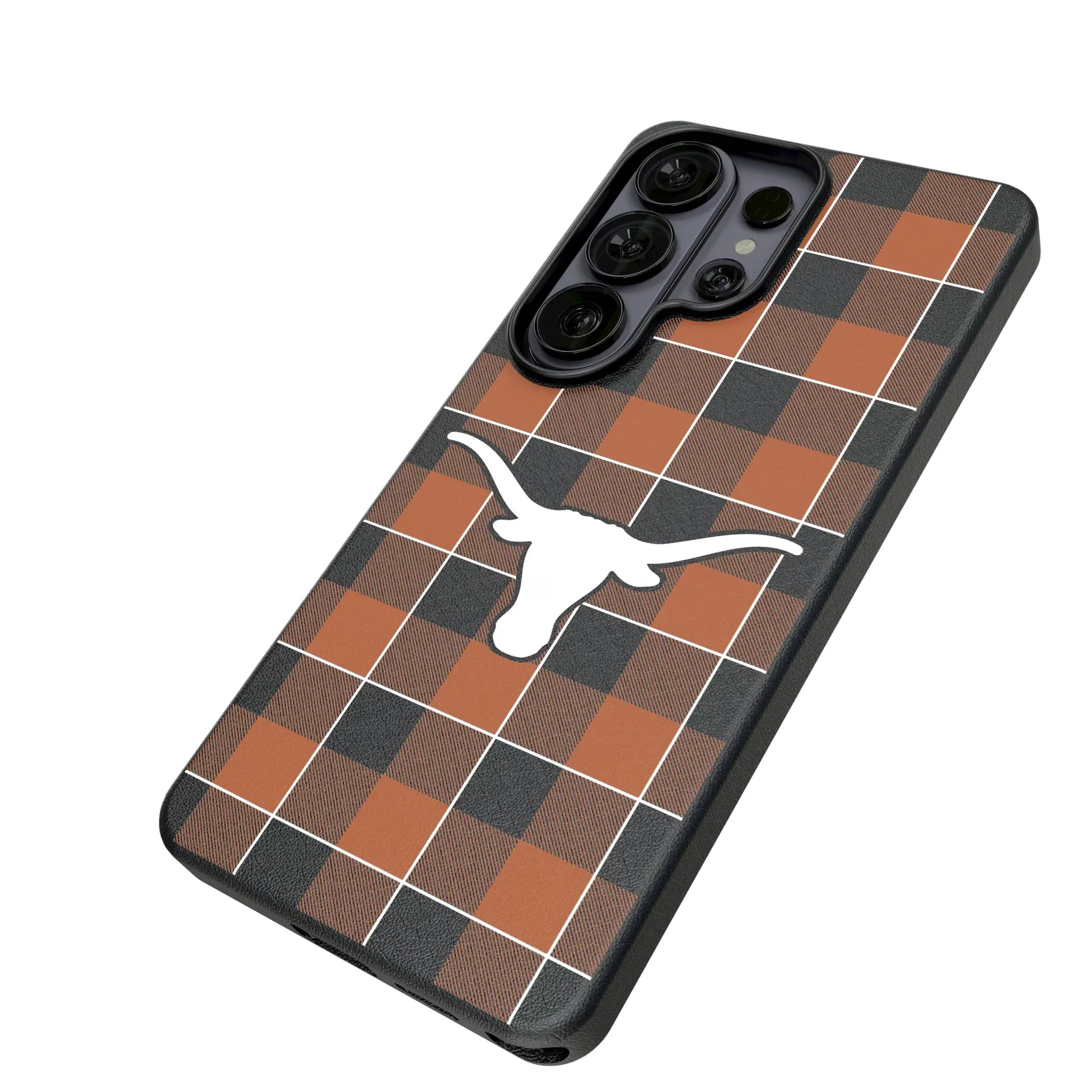 University of Texas Longhorns Plaid Galaxy MagSafe Compatible Phone Case for Samsung Galaxy - Isometric View#Device_Galaxy S26 Ultra