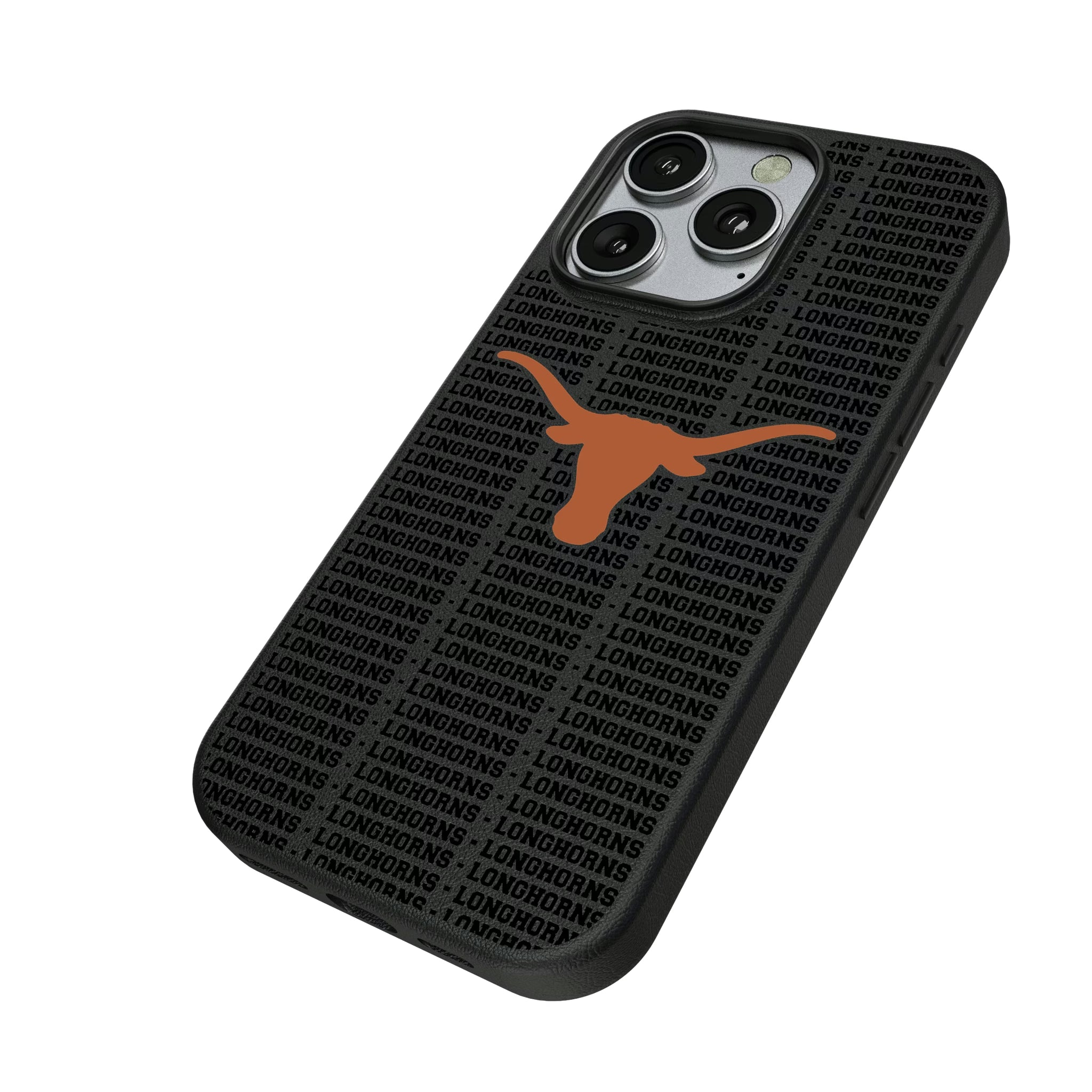 University of Texas Longhorns Text Backdrop iPhone MagSafe Compatible Phone Case for Apple iPhone - Isometric View