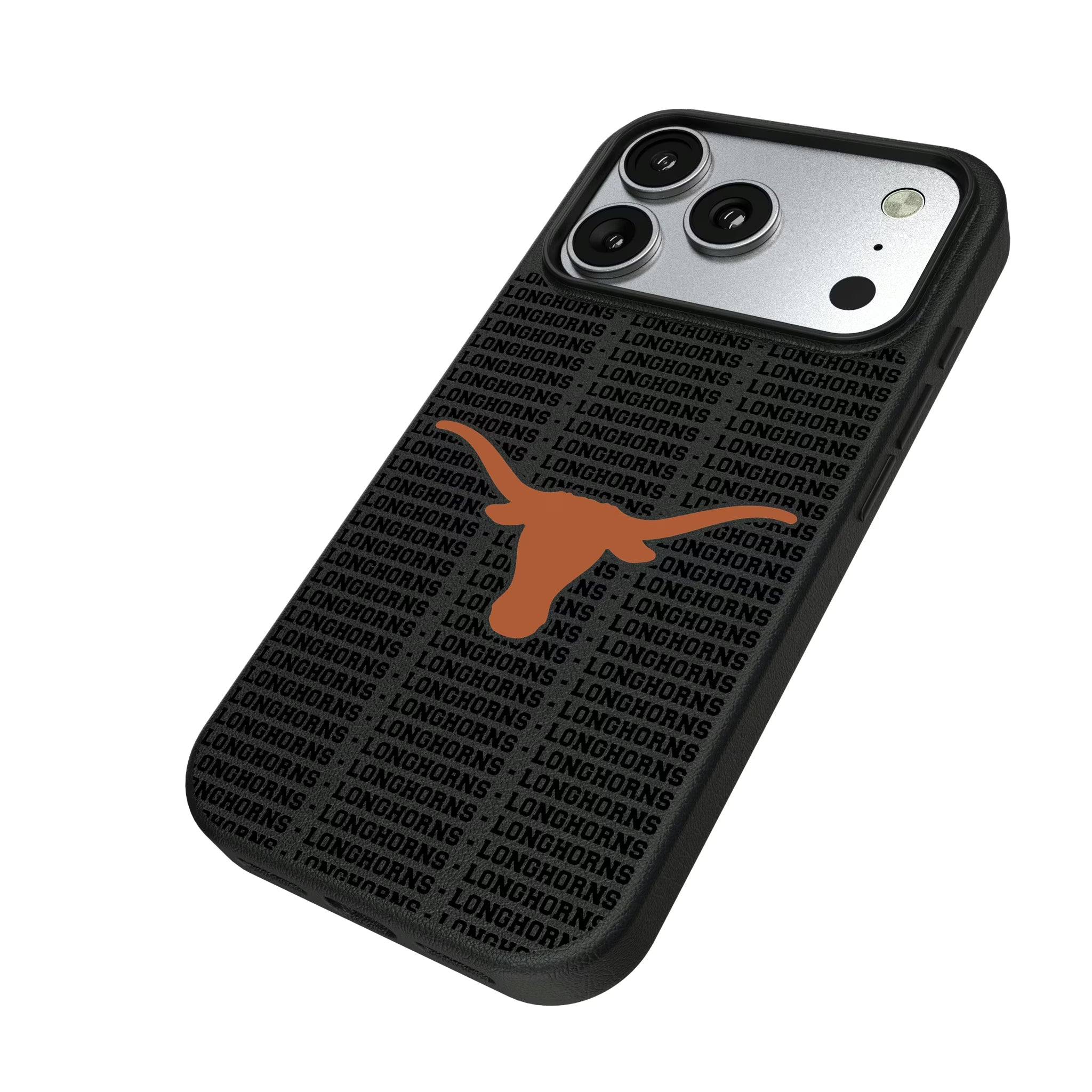 University of Texas Longhorns Text Backdrop iPhone MagSafe Compatible Phone Case for Apple iPhone - Isometric View#Device_iPhone 17 Pro