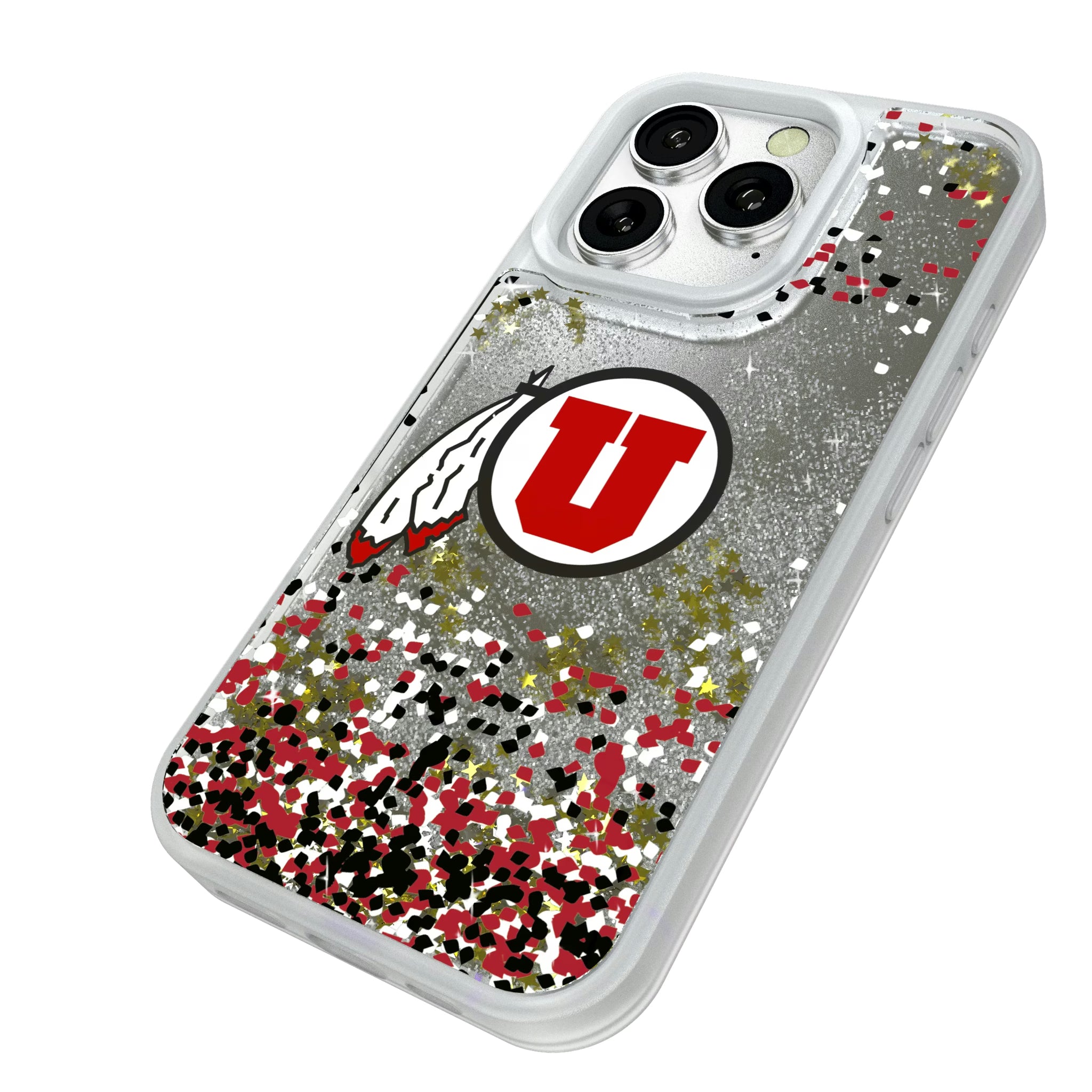 University of Utah Utes Confetti iPhone Glitter Phone Case for Apple iPhone - Isometric View#Device_iPhone 16 Pro