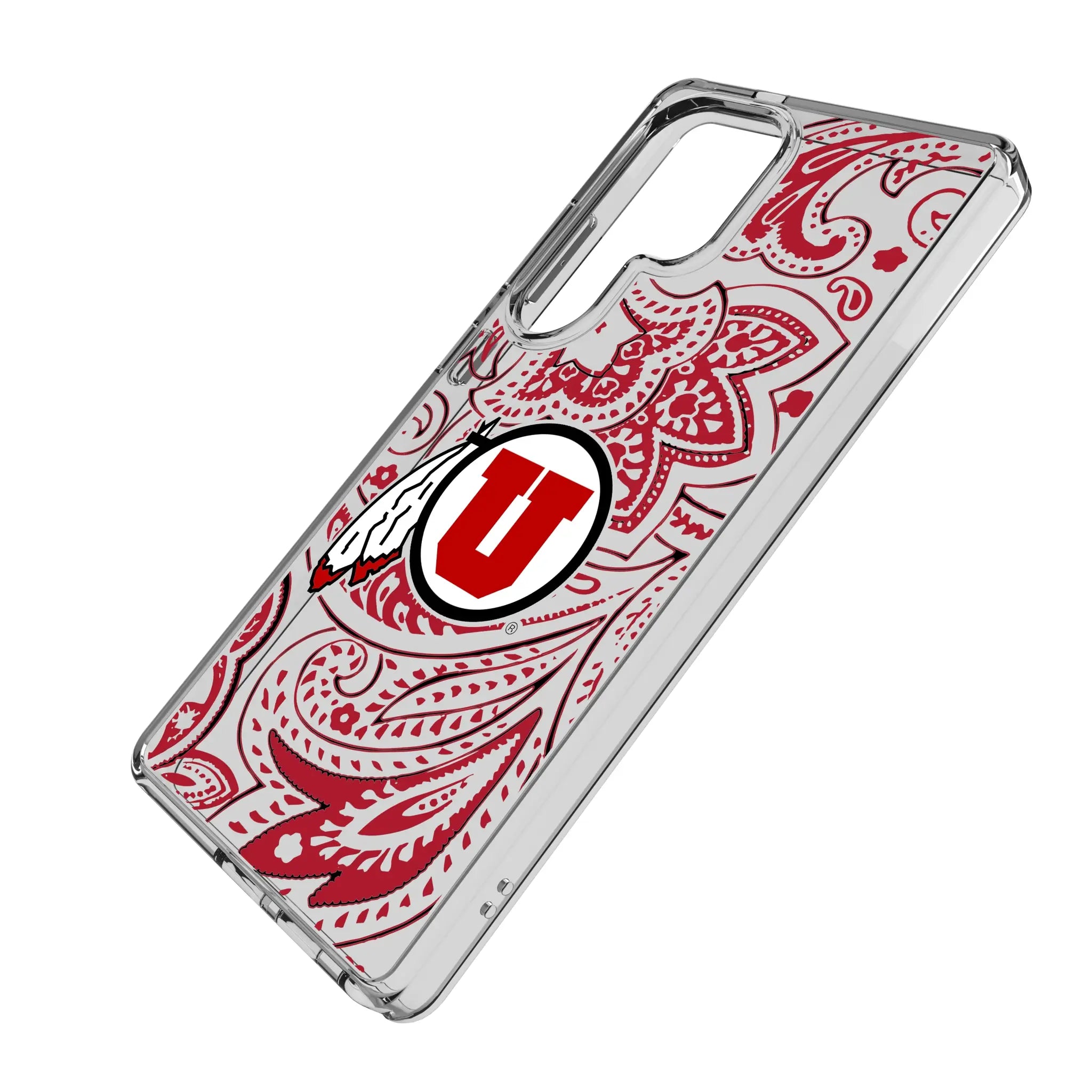 University of Utah Utes Paisley Galaxy Clear Phone Case for Samsung Galaxy - Isometric View#Device_Galaxy S25 Ultra