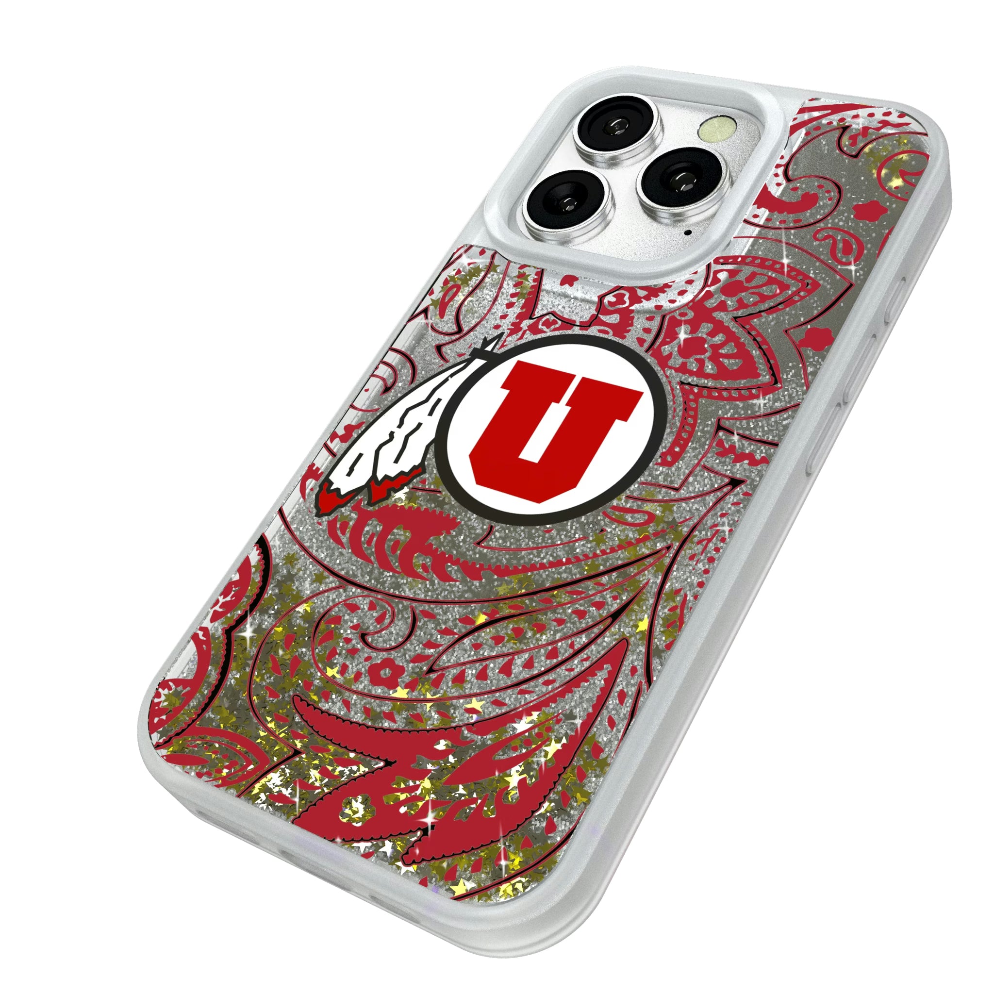 University of Utah Utes Paisley iPhone Glitter Phone Case for Apple iPhone - Isometric View#Device_iPhone 16 Pro
