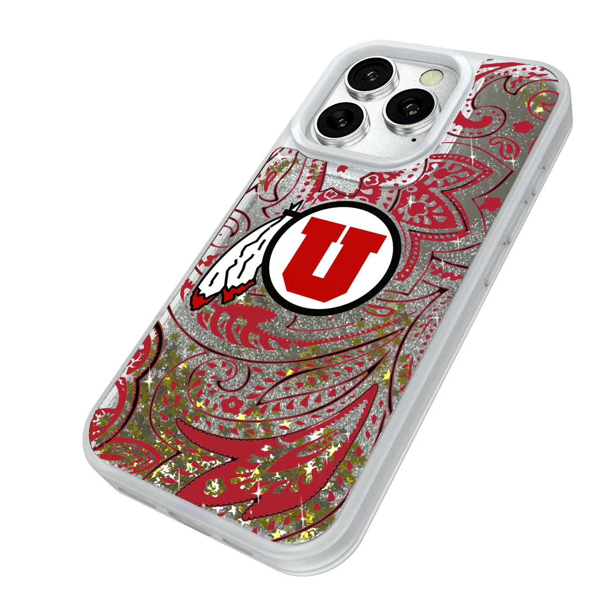 University of Utah Utes Paisley iPhone Glitter Phone Case for Apple iPhone - Isometric View#Device_iPhone 16 Pro