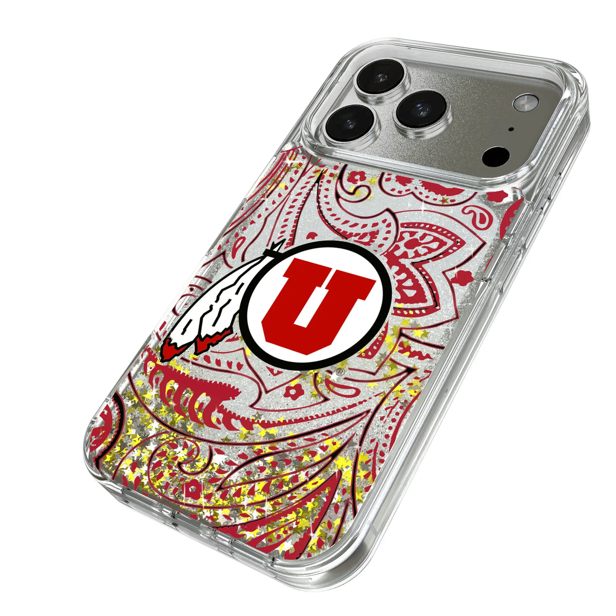 University of Utah Utes Paisley iPhone Glitter Phone Case for Apple iPhone - Isometric View#Device_iPhone 17 Pro