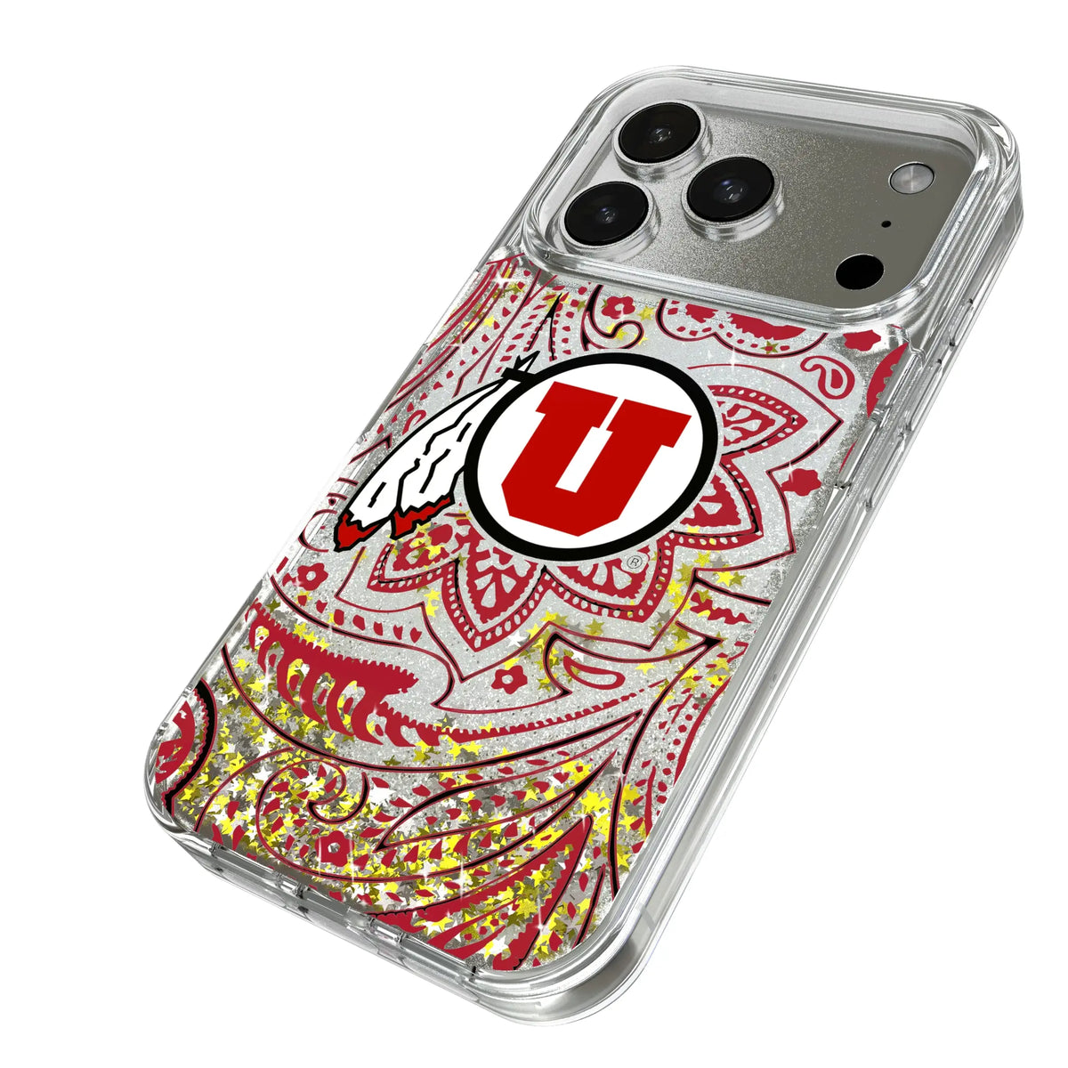University of Utah Utes Paisley iPhone Glitter Phone Case for Apple iPhone - Isometric View#Device_iPhone 18 Pro