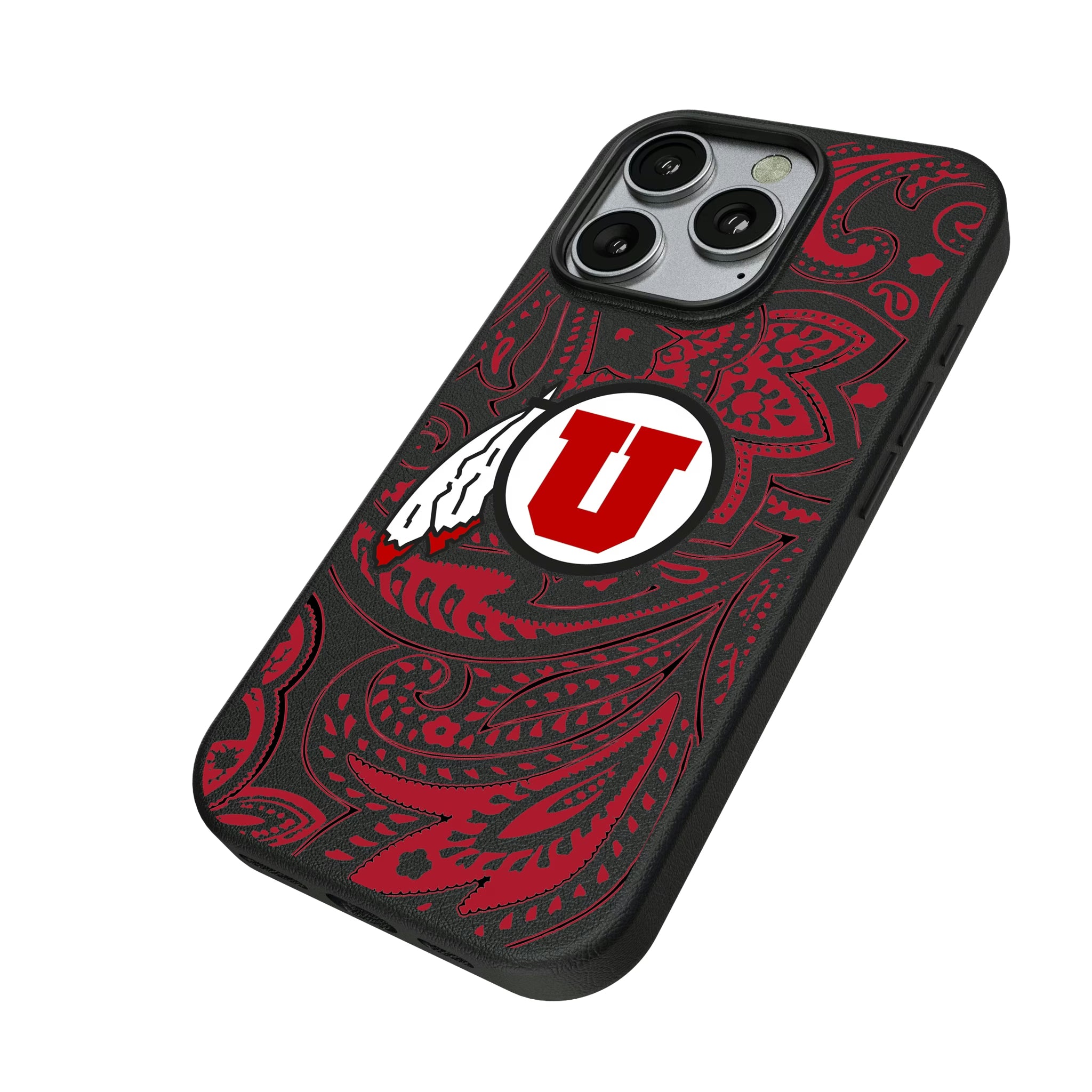 University of Utah Utes Paisley iPhone MagSafe Compatible Phone Case for Apple iPhone - Isometric View