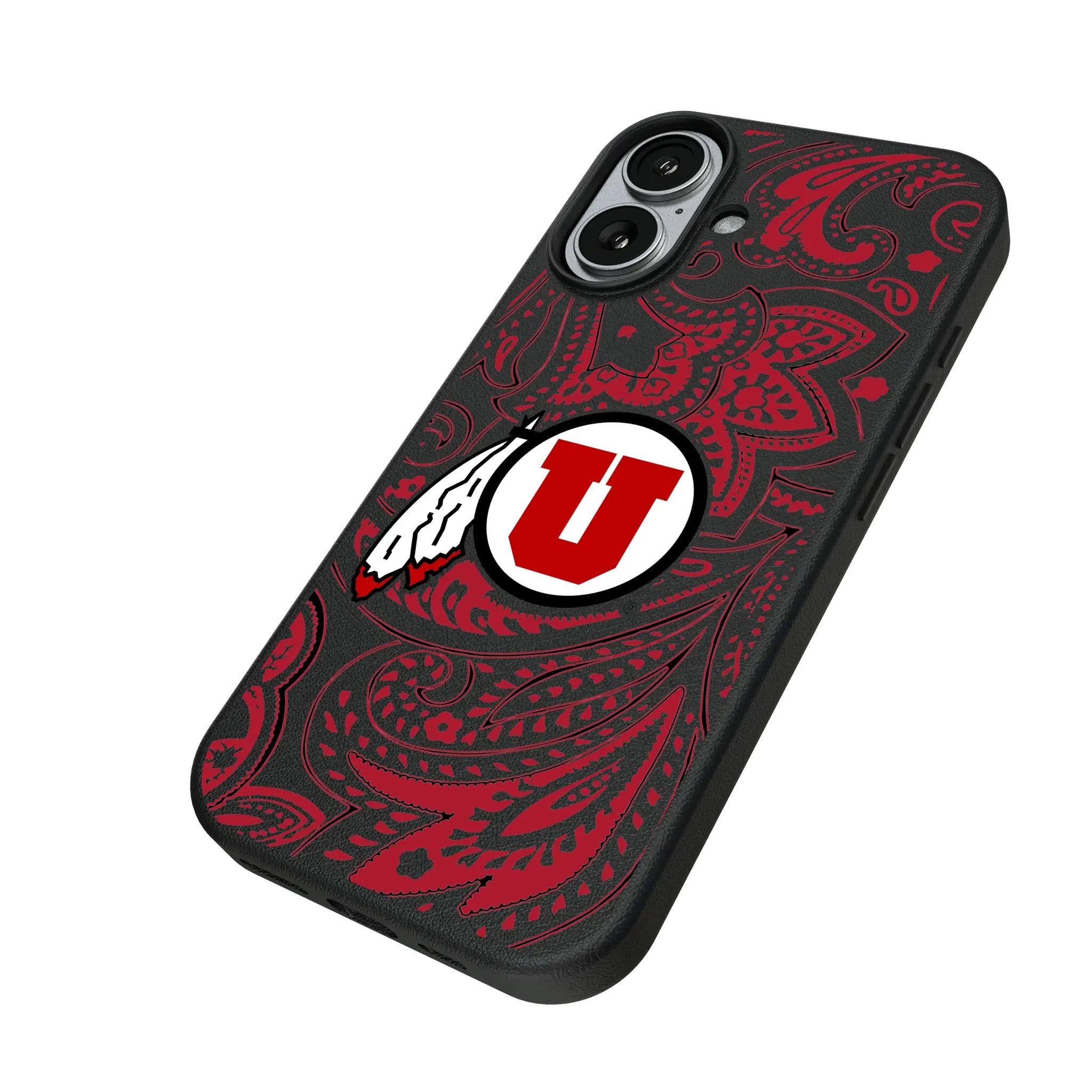 University of Utah Utes Paisley iPhone MagSafe Compatible Phone Case for Apple iPhone - Isometric View#Device_iPhone 17