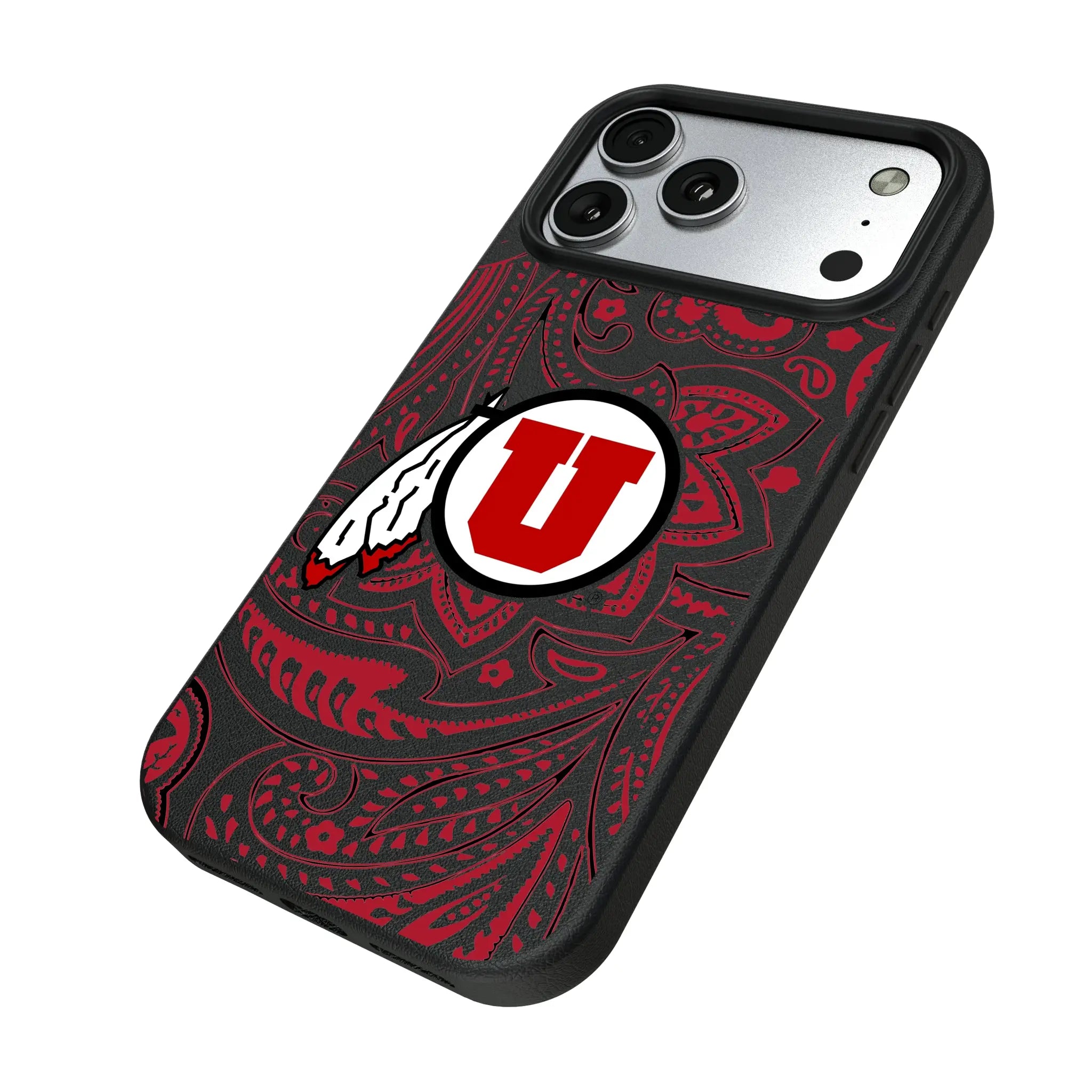 University of Utah Utes Paisley iPhone MagSafe Compatible Phone Case for Apple iPhone - Isometric View#Device_iPhone 17 Pro Max