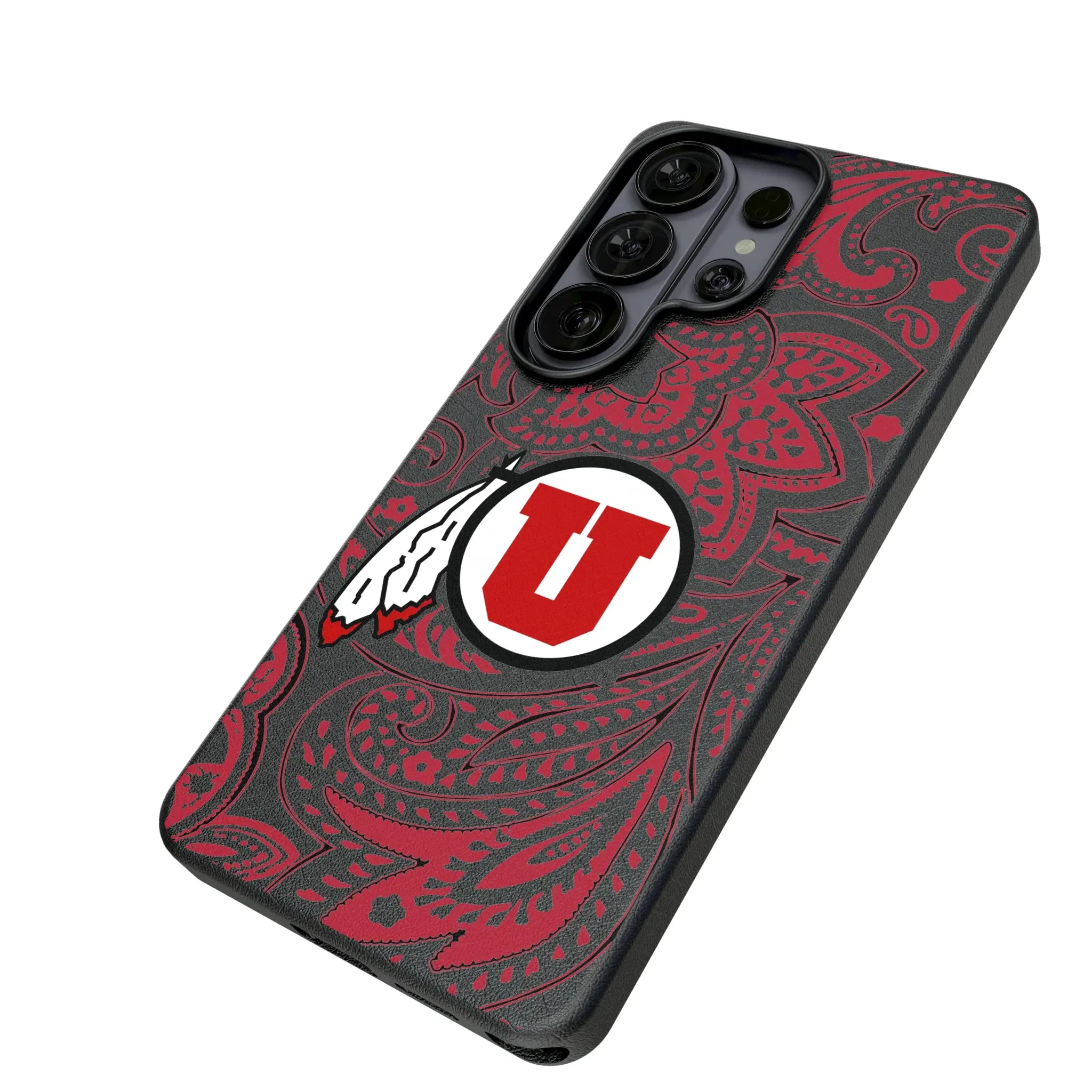 University of Utah Utes Paisley Galaxy MagSafe Compatible Phone Case for Samsung Galaxy - Isometric View#Device_Galaxy S26 Ultra