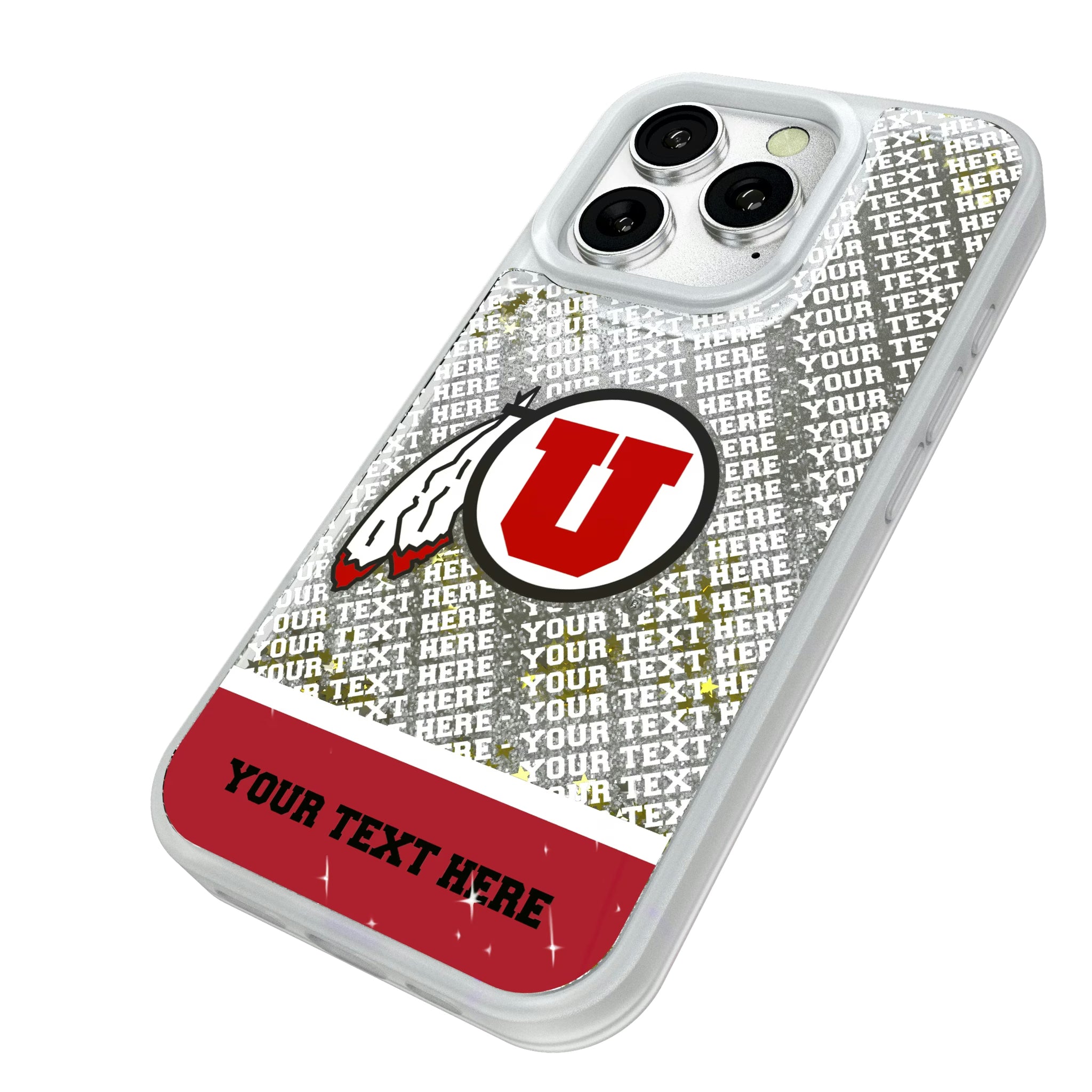 University of Utah Utes Personalized EndZone Plus iPhone Glitter Phone Case for Apple iPhone - Isometric View#Device_iPhone 16 Pro
