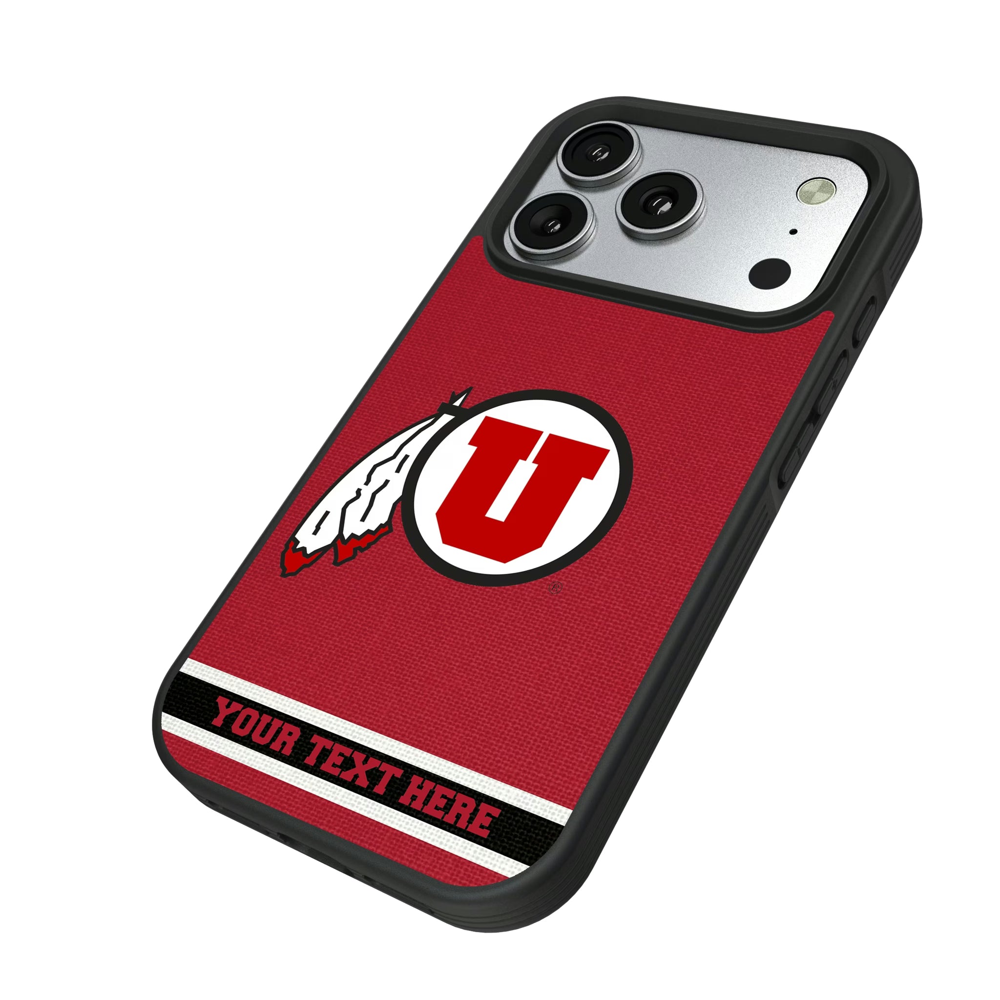 University of Utah Utes Personalized Stripe iPhone Bump Phone Case for Apple iPhone - Isometric View#Device_iPhone 17 Pro