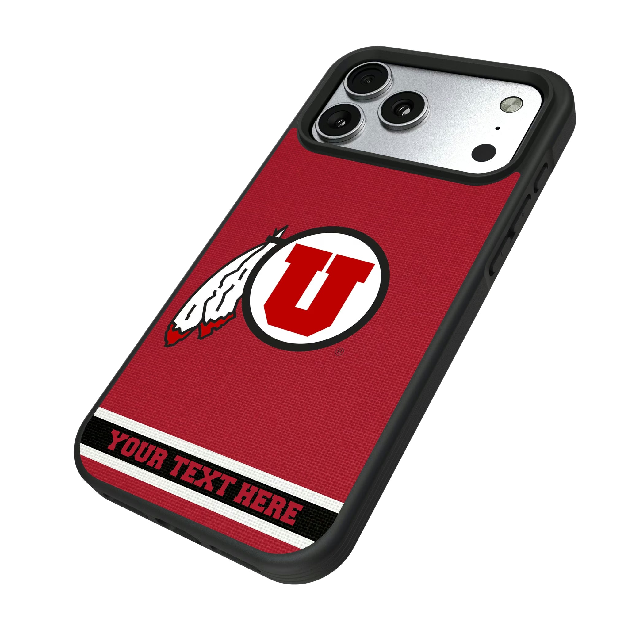 University of Utah Utes Personalized Stripe iPhone Bump Phone Case for Apple iPhone - Isometric View#Device_iPhone 17 Pro Max