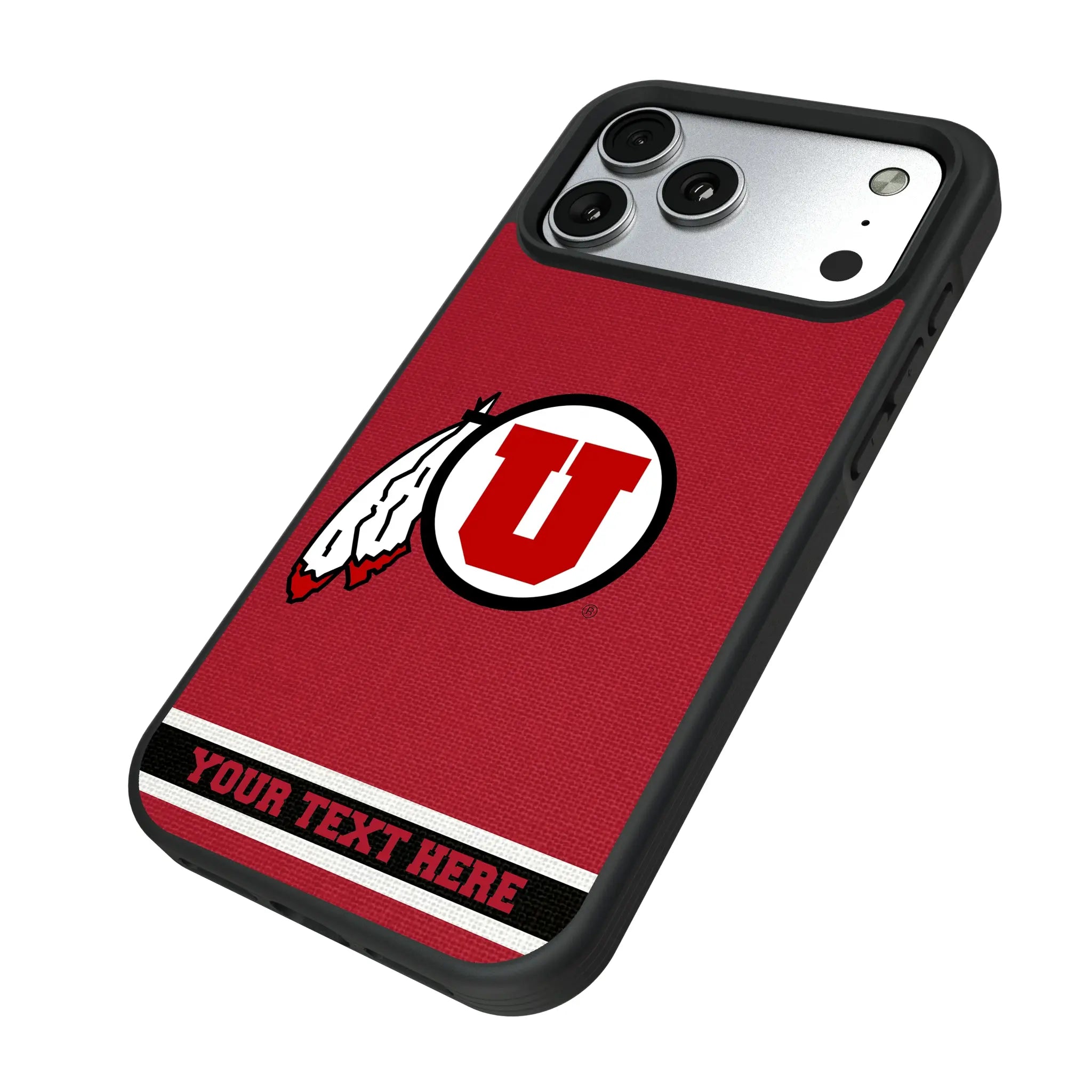 University of Utah Utes Personalized Stripe iPhone Bump Phone Case for Apple iPhone - Isometric View#Device_iPhone 17 Pro Max