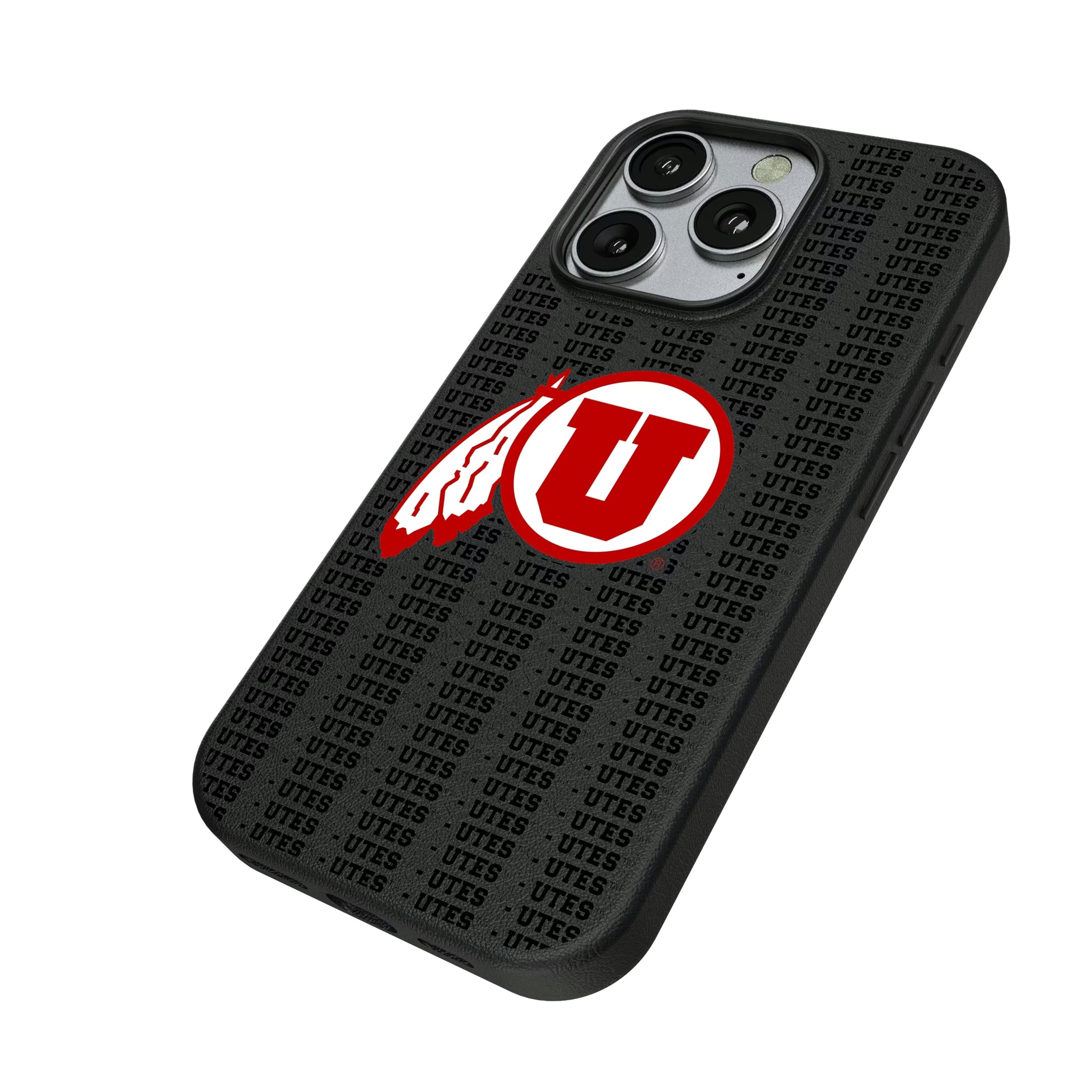 University of Utah Utes Text Backdrop iPhone MagSafe Compatible Phone Case for Apple iPhone - Isometric View