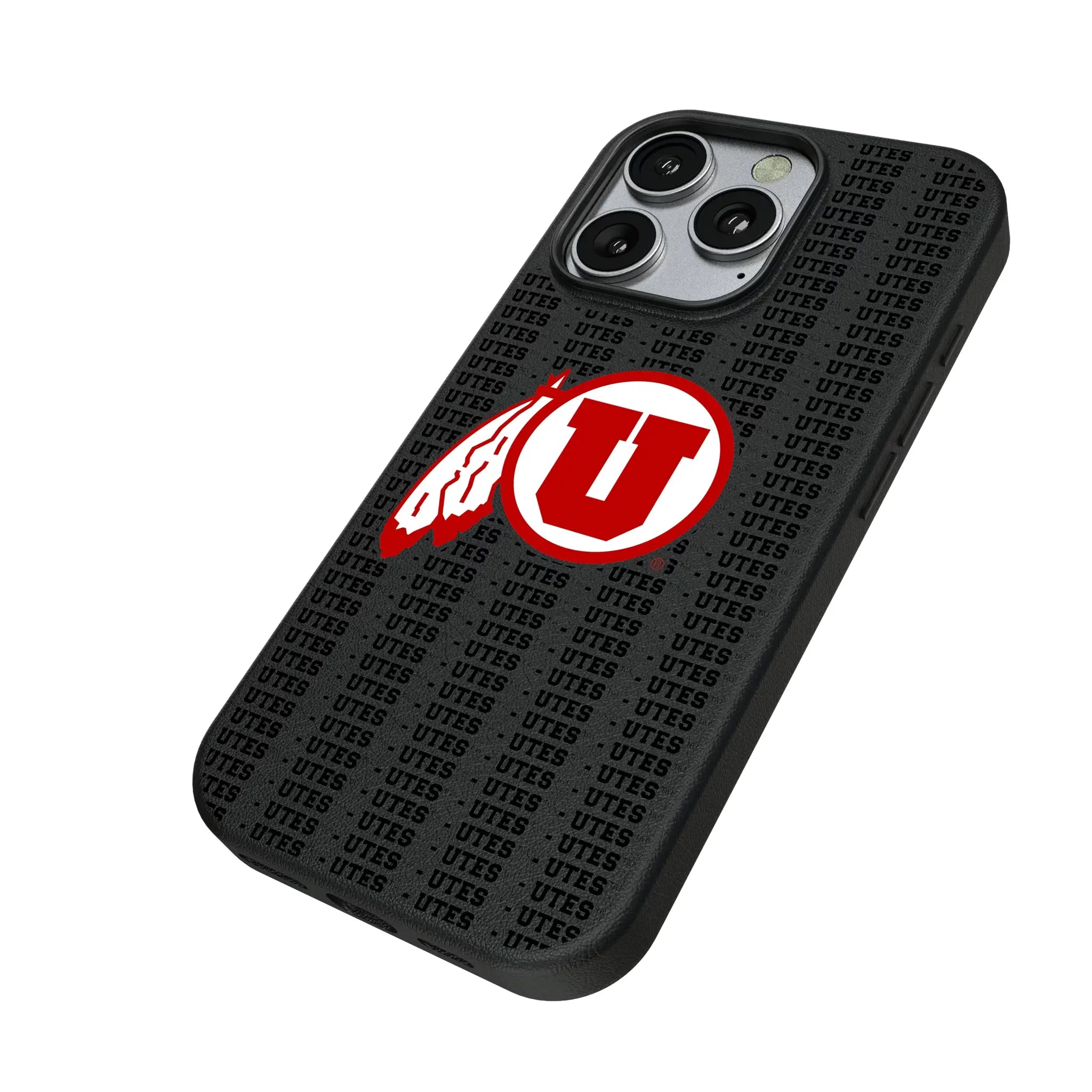 University of Utah Utes Text Backdrop iPhone MagSafe Compatible Phone Case for Apple iPhone - Isometric View